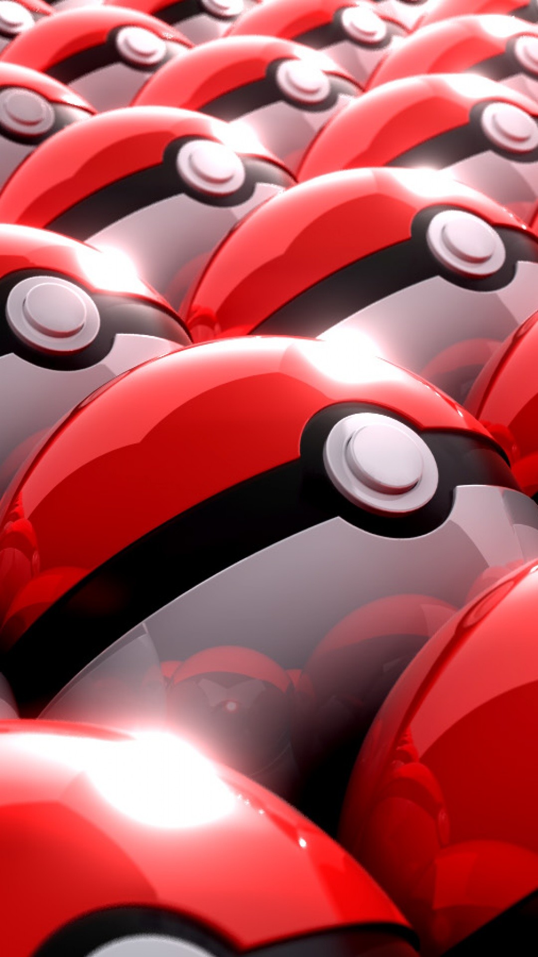 Close-up of glossy red and white Poké Balls, creating a vibrant and repetitive pattern