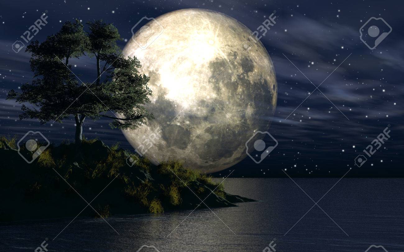 3d Background With Island In Sea Against A Moonlit Sky Stock Photo