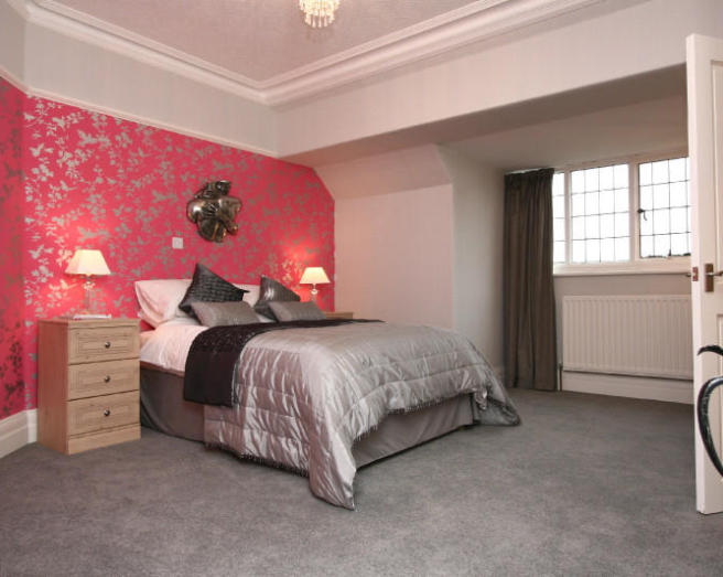  of grey pink red silver white metallic bedroom with pattern wallpaper