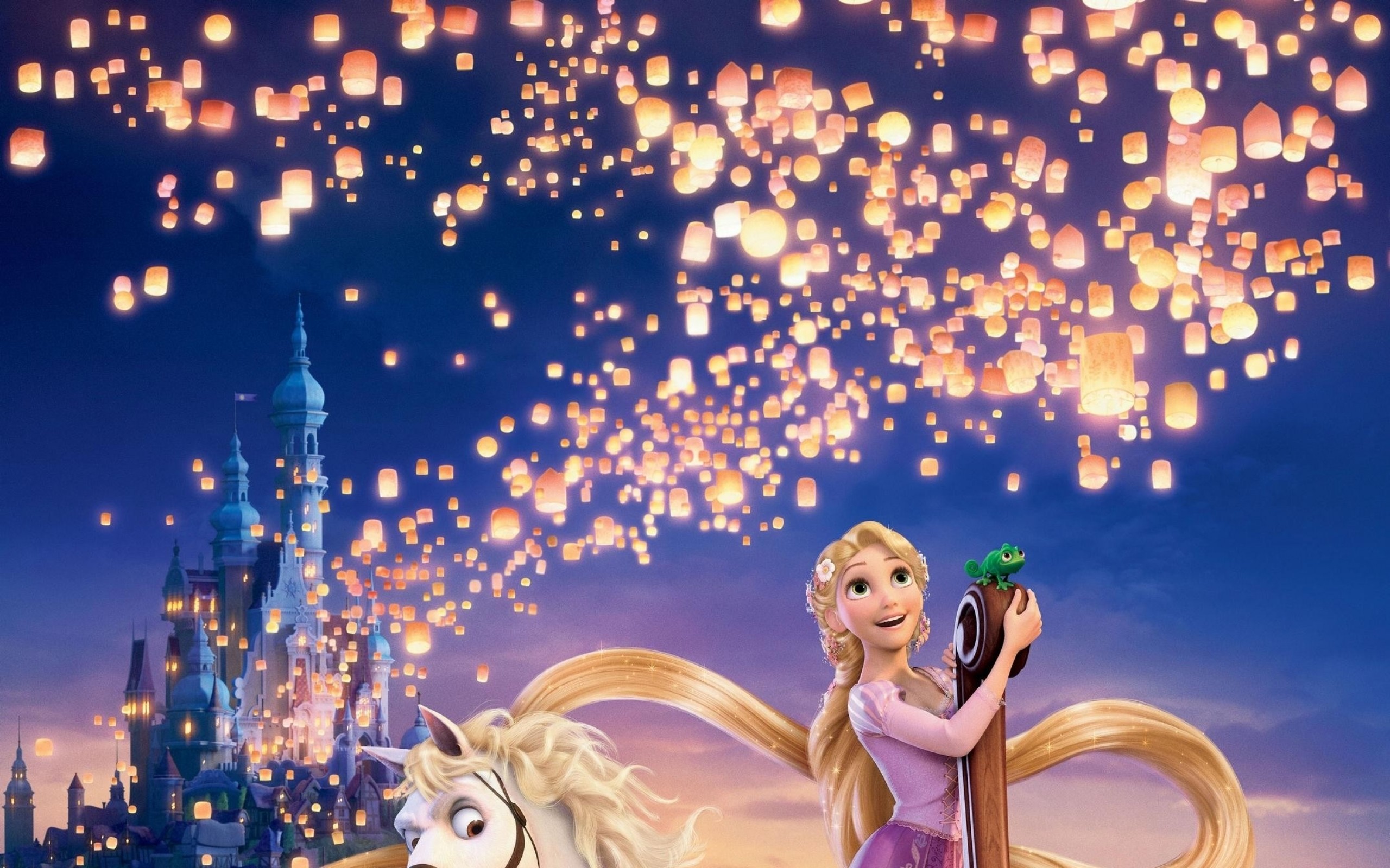 Rapunzel and Pascal watch the floating lanterns rise over Corona Castle in a promotional image for Disney's Tangled