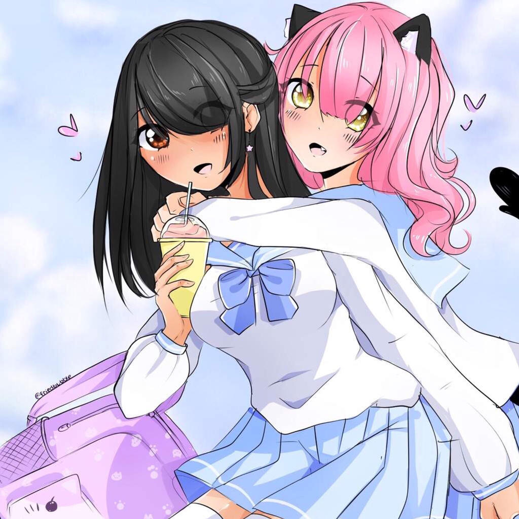 Two anime-style girls in sailor-style school uniforms, one with black hair and a yellow drink, the other with pink hair and cat ears, embrace affectionately in this fan art, likely inspired by Aphmau's content