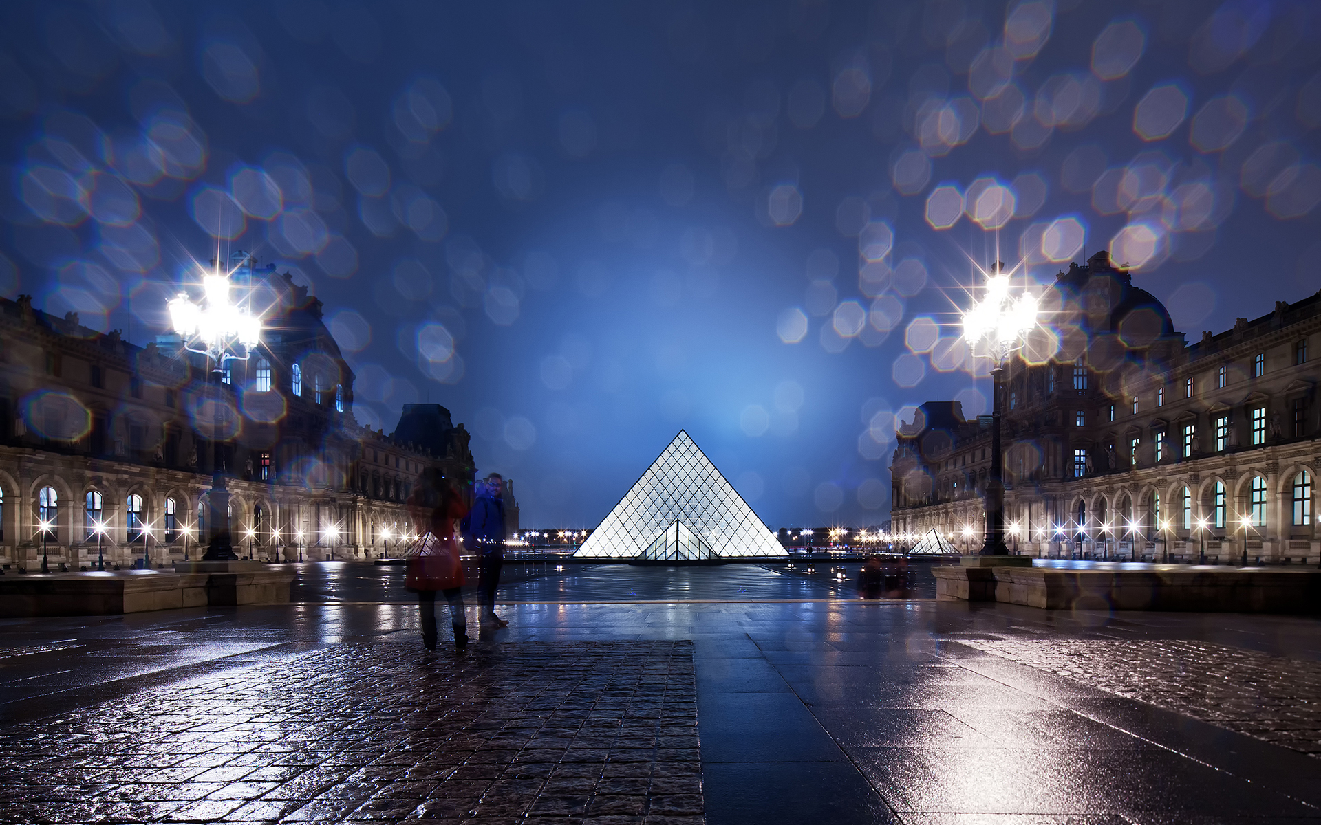 The Louvre Pyramid Buildings Paris Night Light Bokeh Wet