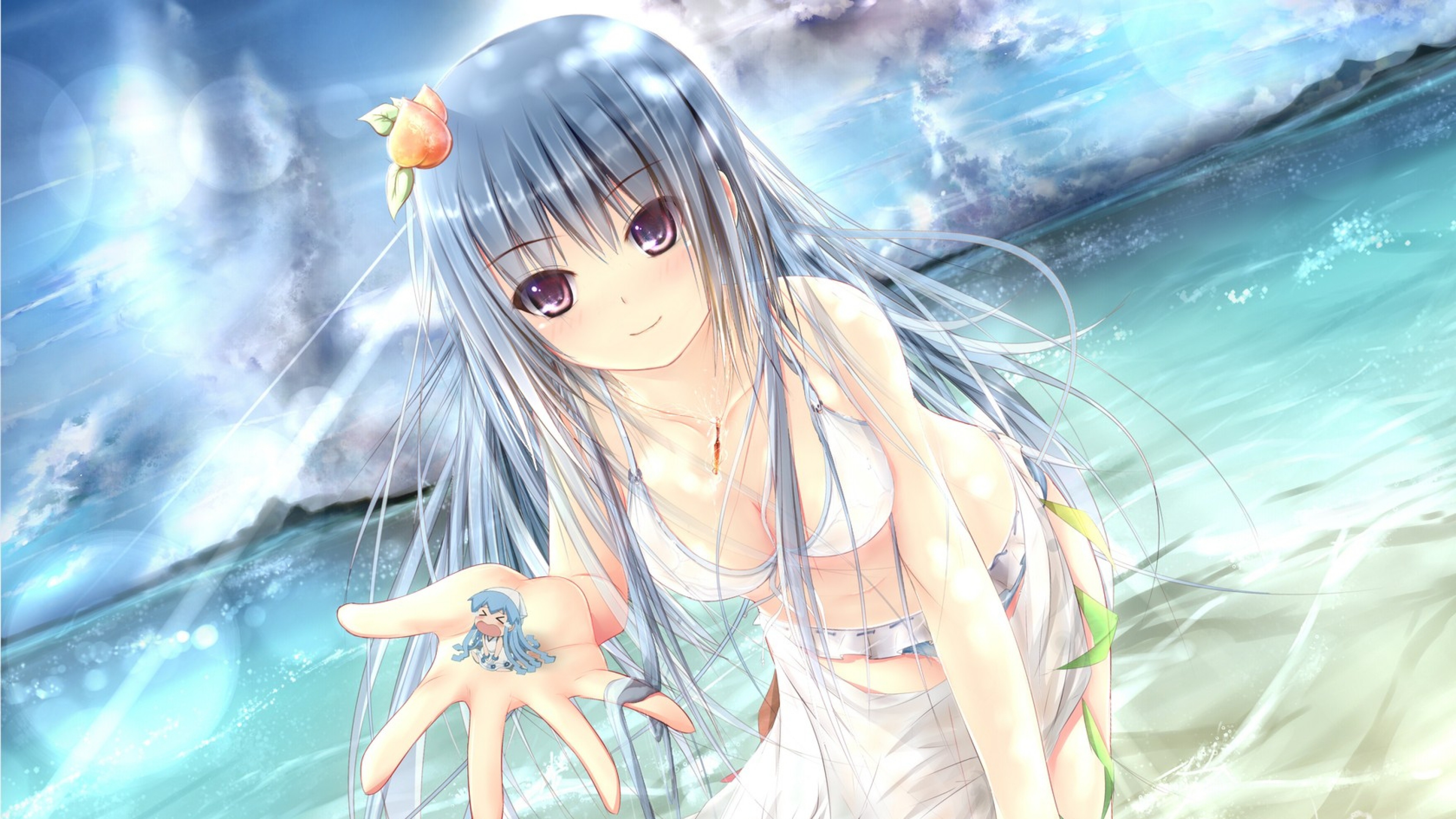  Anime Girl Hair Swimsuit Sea Sun Summer Wallpaper Background 4K