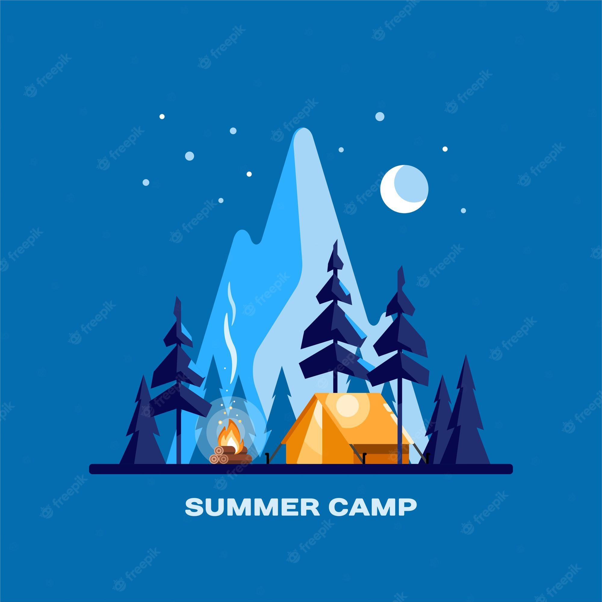 Premium Vector Summer Camp Night Landscape With Illuminated