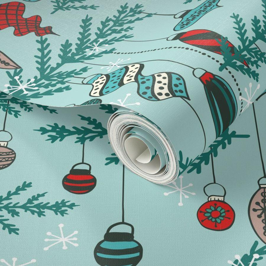 Holly Jolly Christmas Baubles Boughs Wallpaper Spoonflower