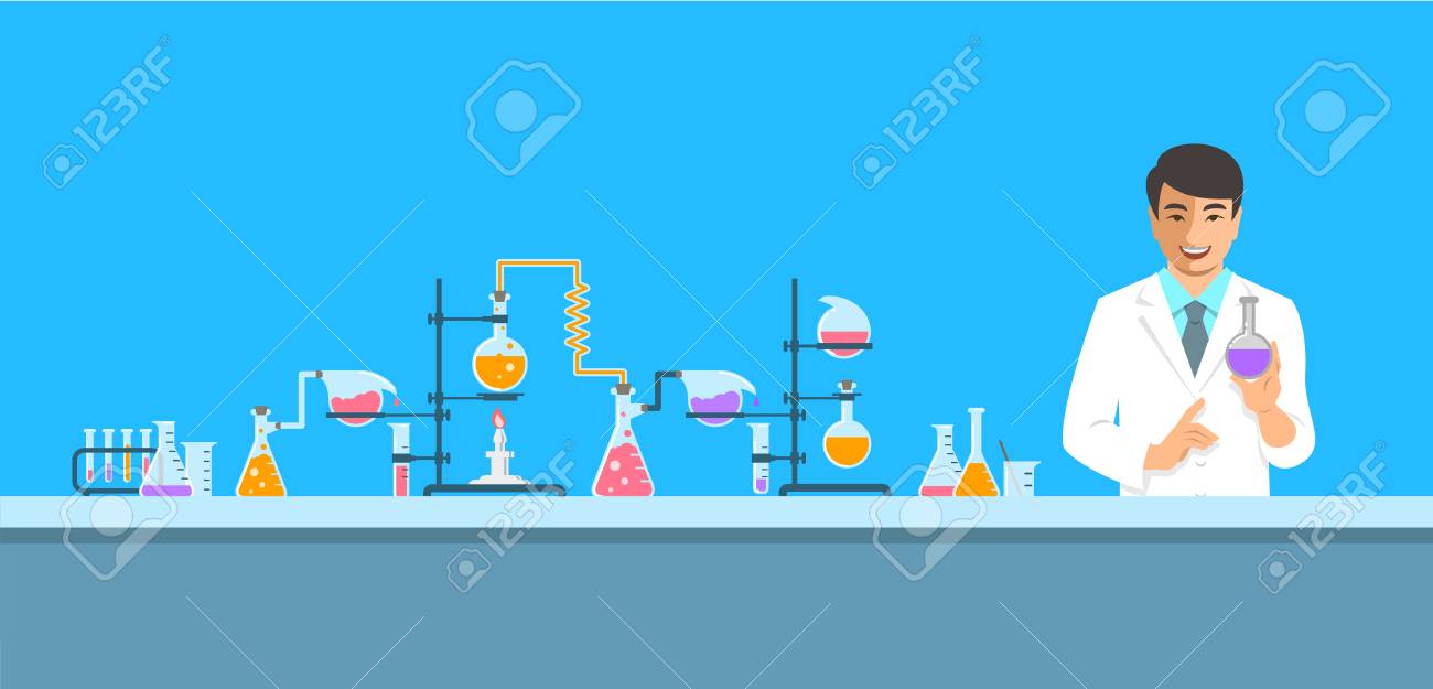 Chemist In Chemical Laboratory Flat Vector Background Cartoon