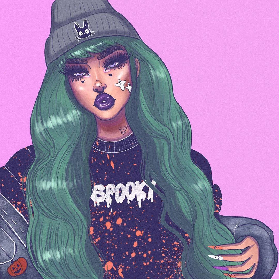 Green Haired Baddie Cartoon Girl Wearing Beanie Wahsc7u4hvhwo73j Wallpaper