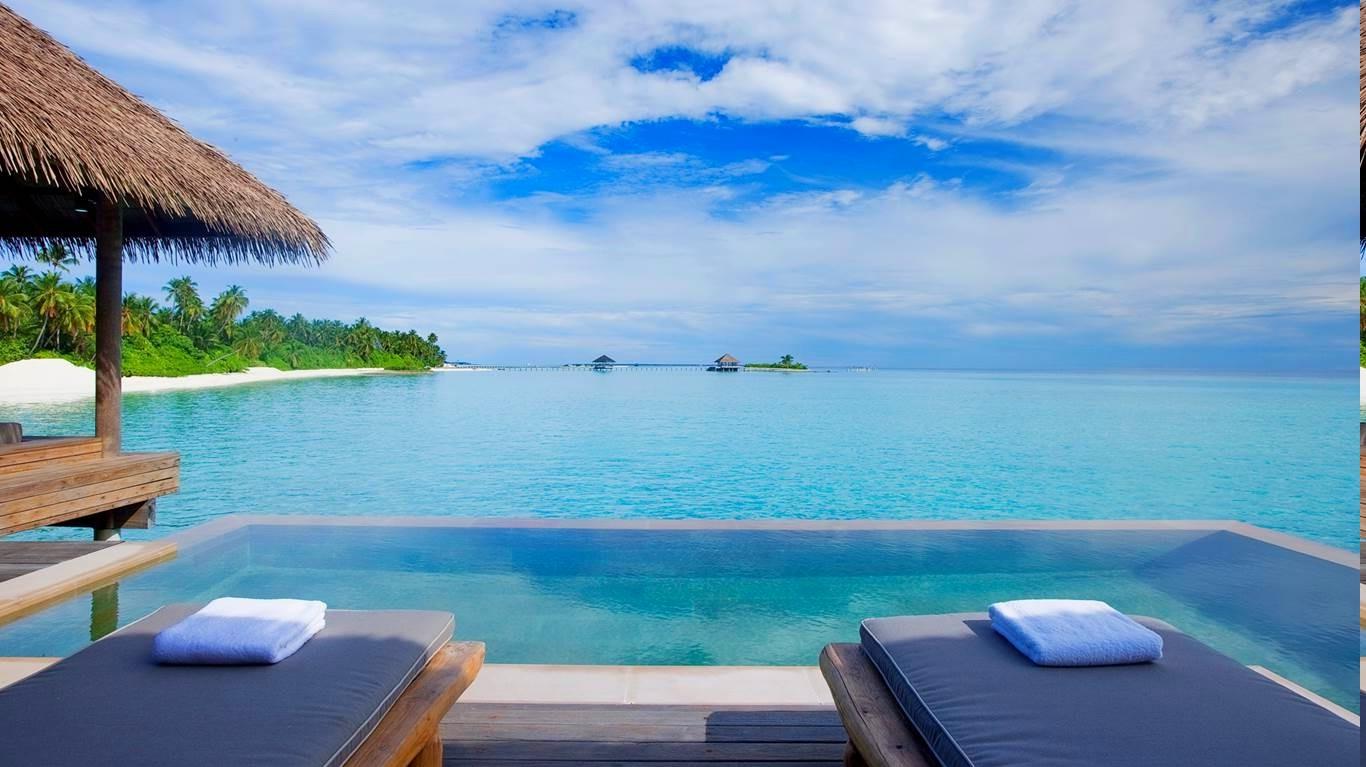 Swimming Pool Beach Resort Sea Palm Trees Tropical Maldives