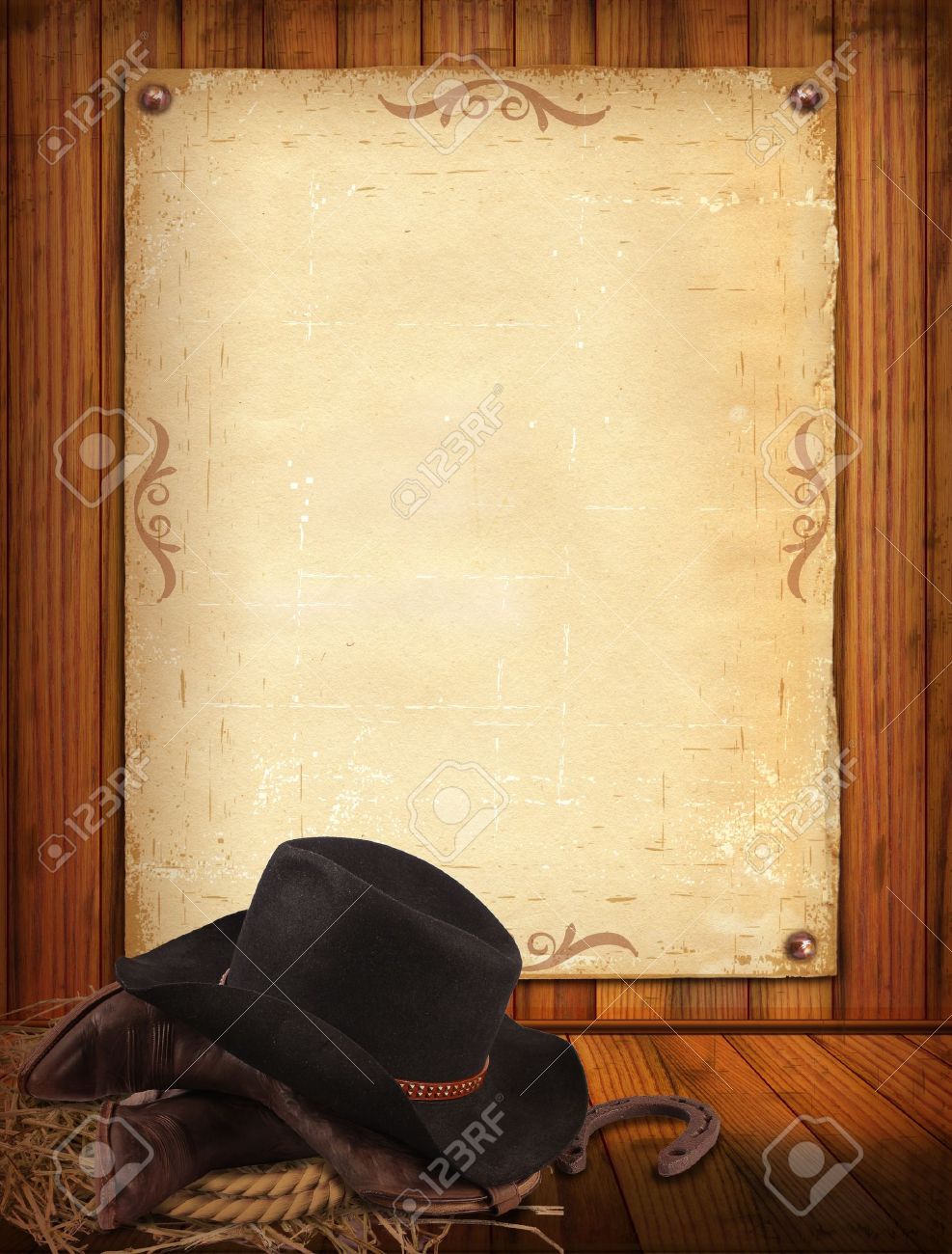 Western Background With Cowboy Clothes And Old Paper Stock Photo