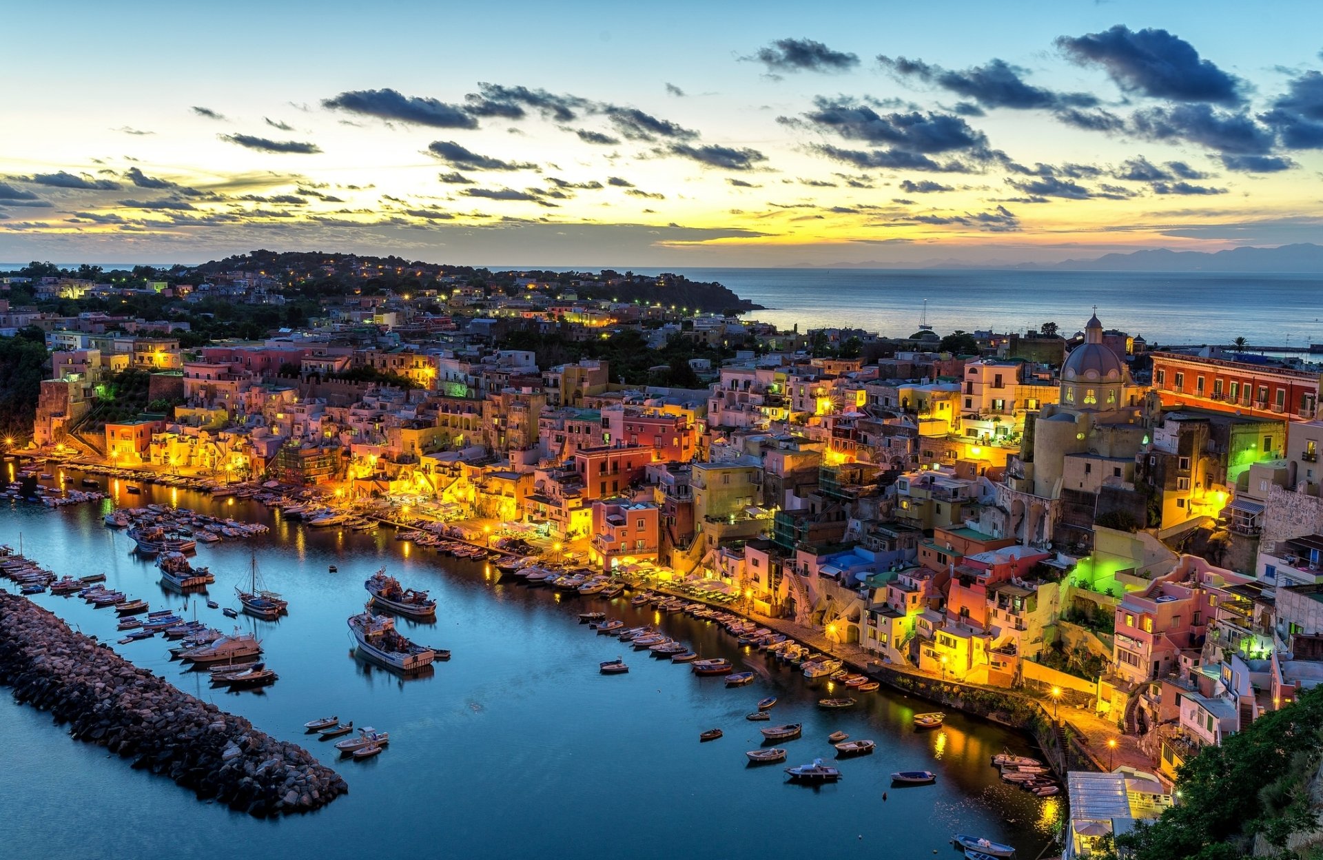 Procida Harbor At Dusk Wallpaper
