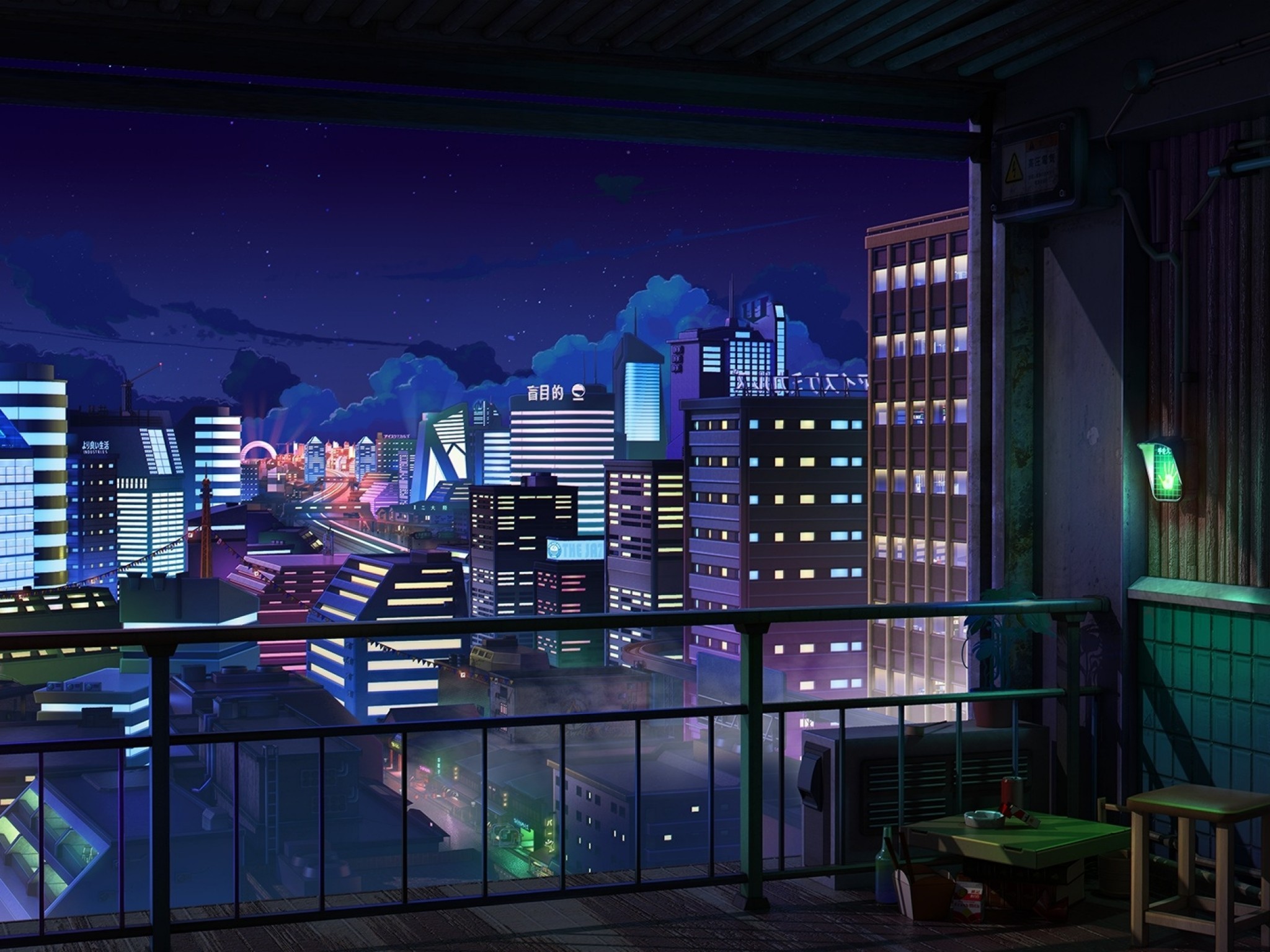 Anime Cityscape Night Buildings Balcony Stars Jazz Hop Cafe