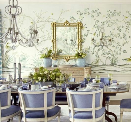 Dining room with lavender chairs and Gracie wallpaper from Yrmural