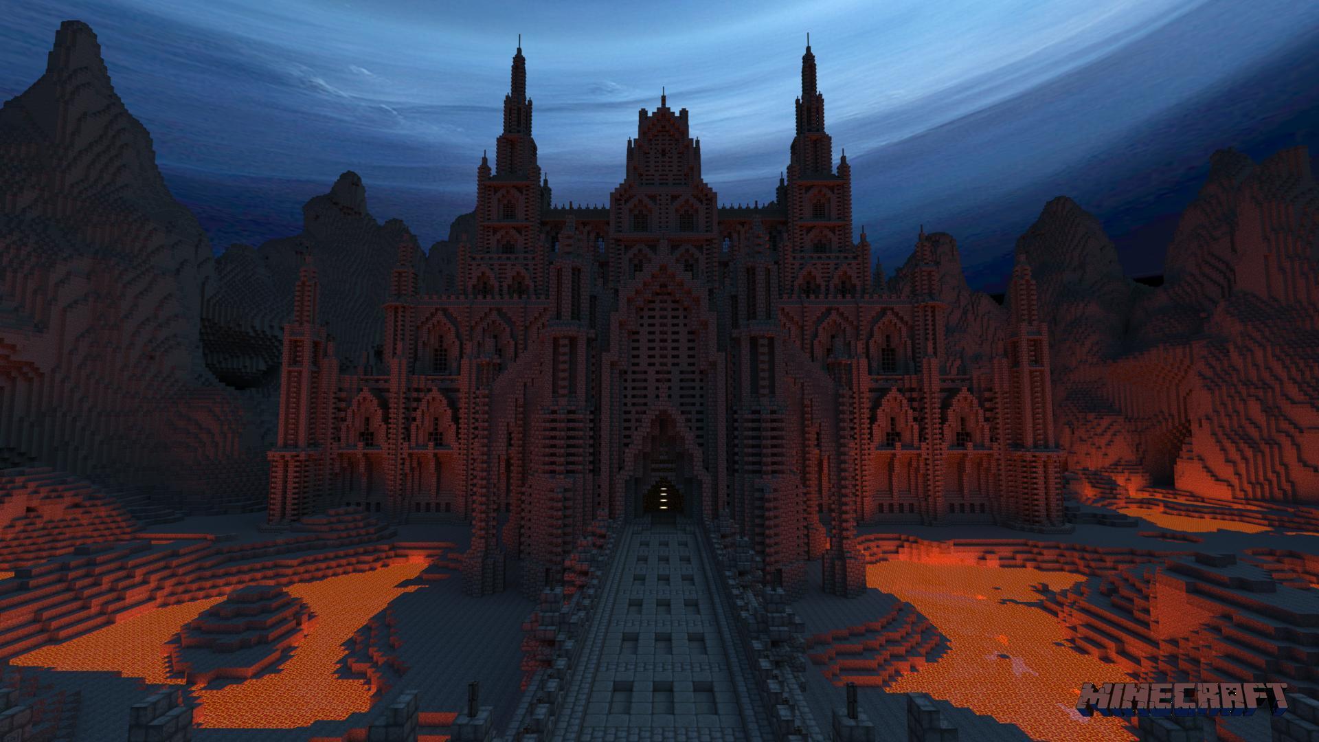 Minecraft Castle Night Mountains Sky Lava Road Blocks Wallpaper