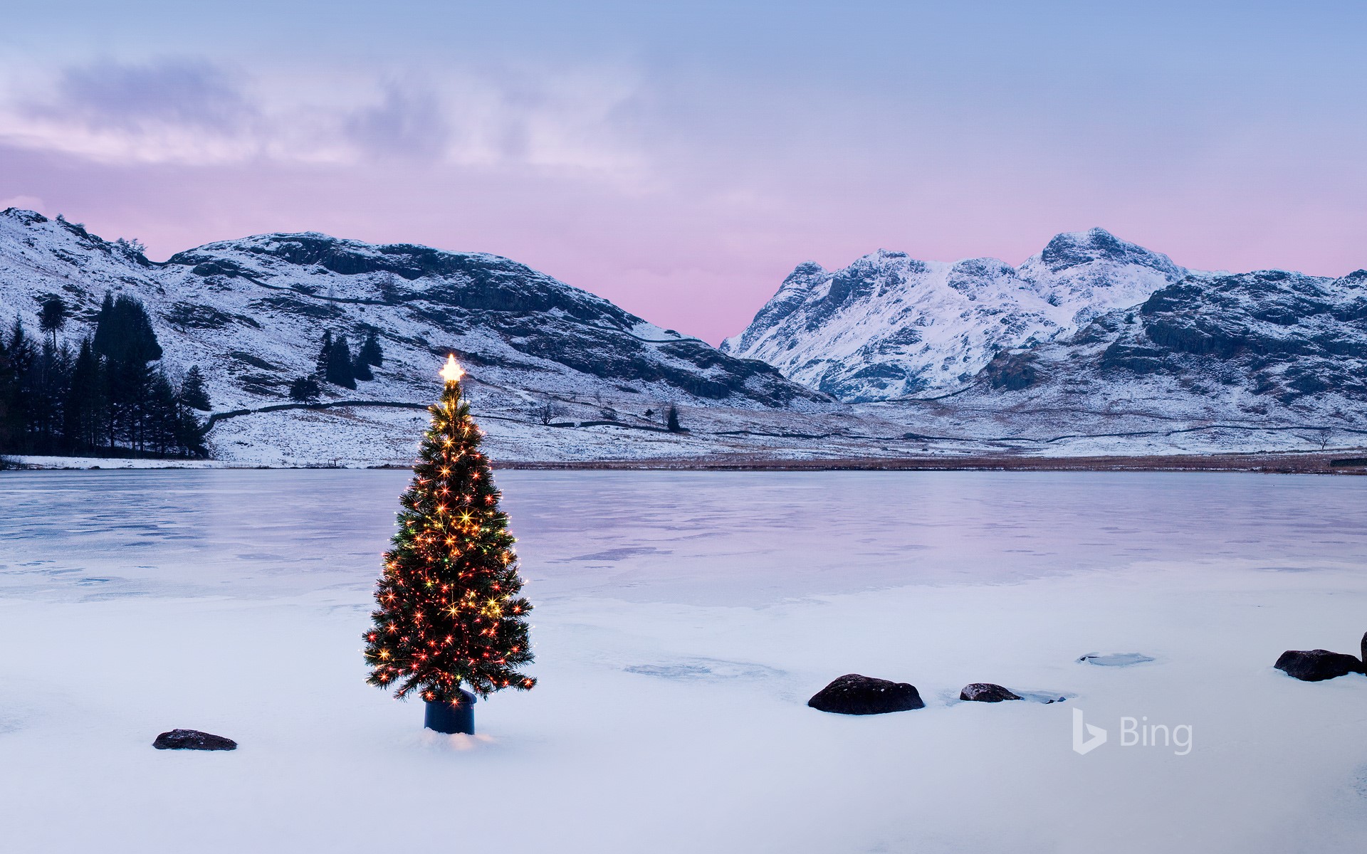 The Langdale Pikes With An Illuminated Christmas Tree Lake