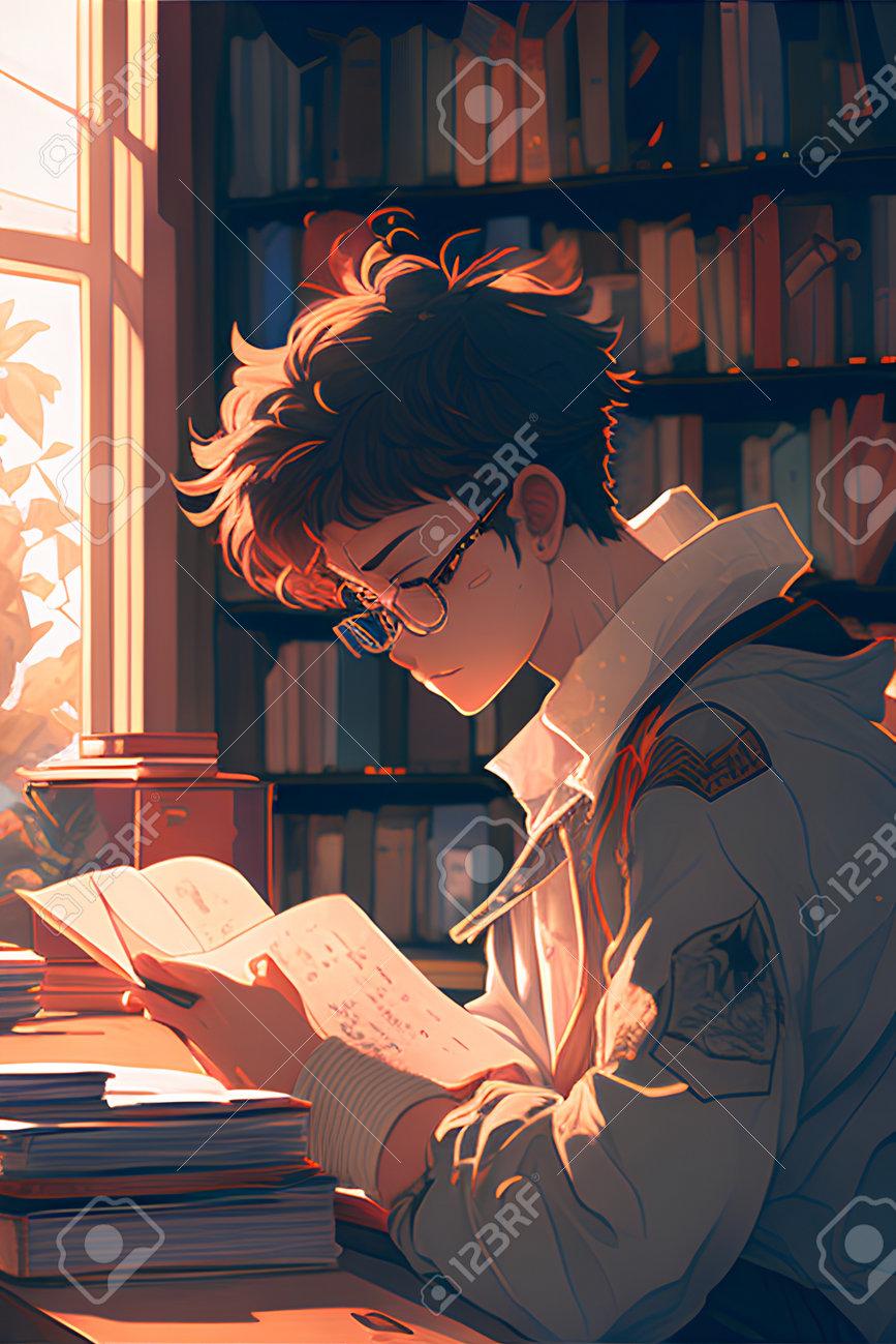 Young Man In Glasses Reading A Book The Library Education