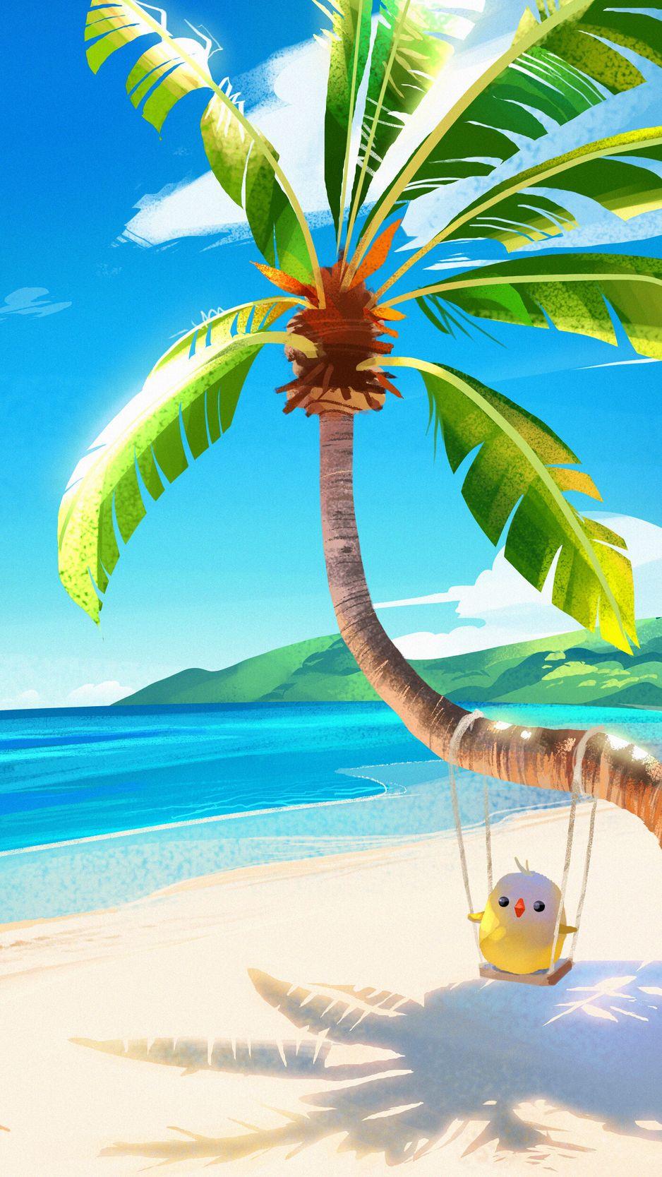 Wallpaper Palm Bird Swing Beach Art iPhone
