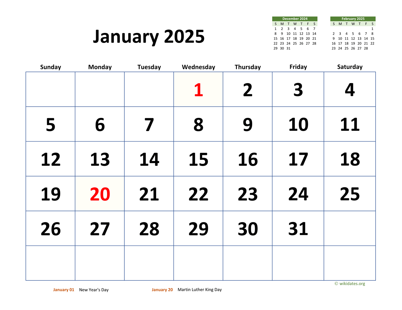 Calendar for January 2025 with holidays marked