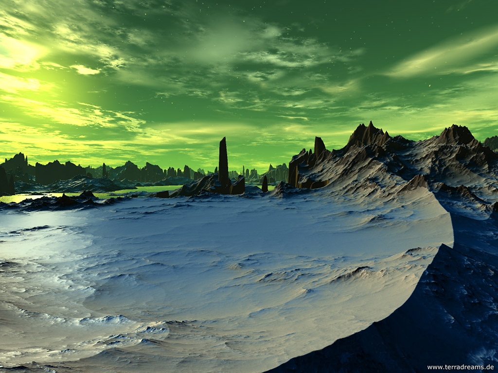 3D Rendered Alien Landscape with Green Sky and Icy Terrain