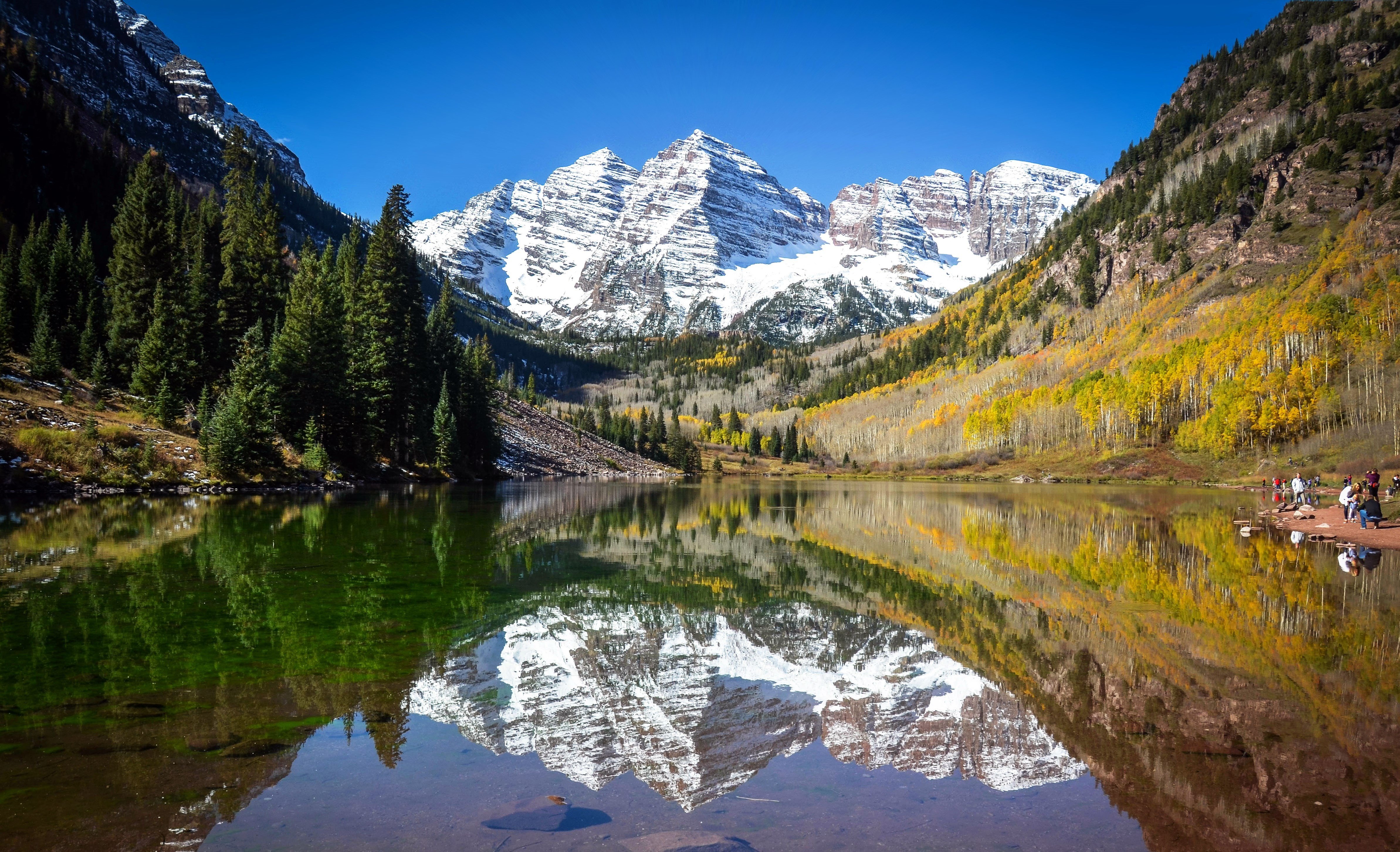Lake Mountains Reflection Forest Snow Maroon Bells
