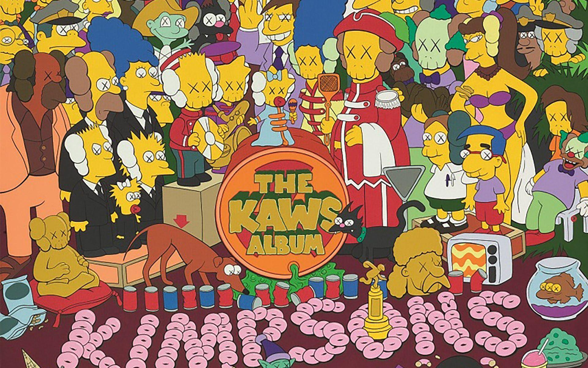 The Kaws Album: A colorful and whimsical artwork featuring the Simpsons characters reimagined in Kaws' signature style, with X'ed out eyes and other Kaws motifs
