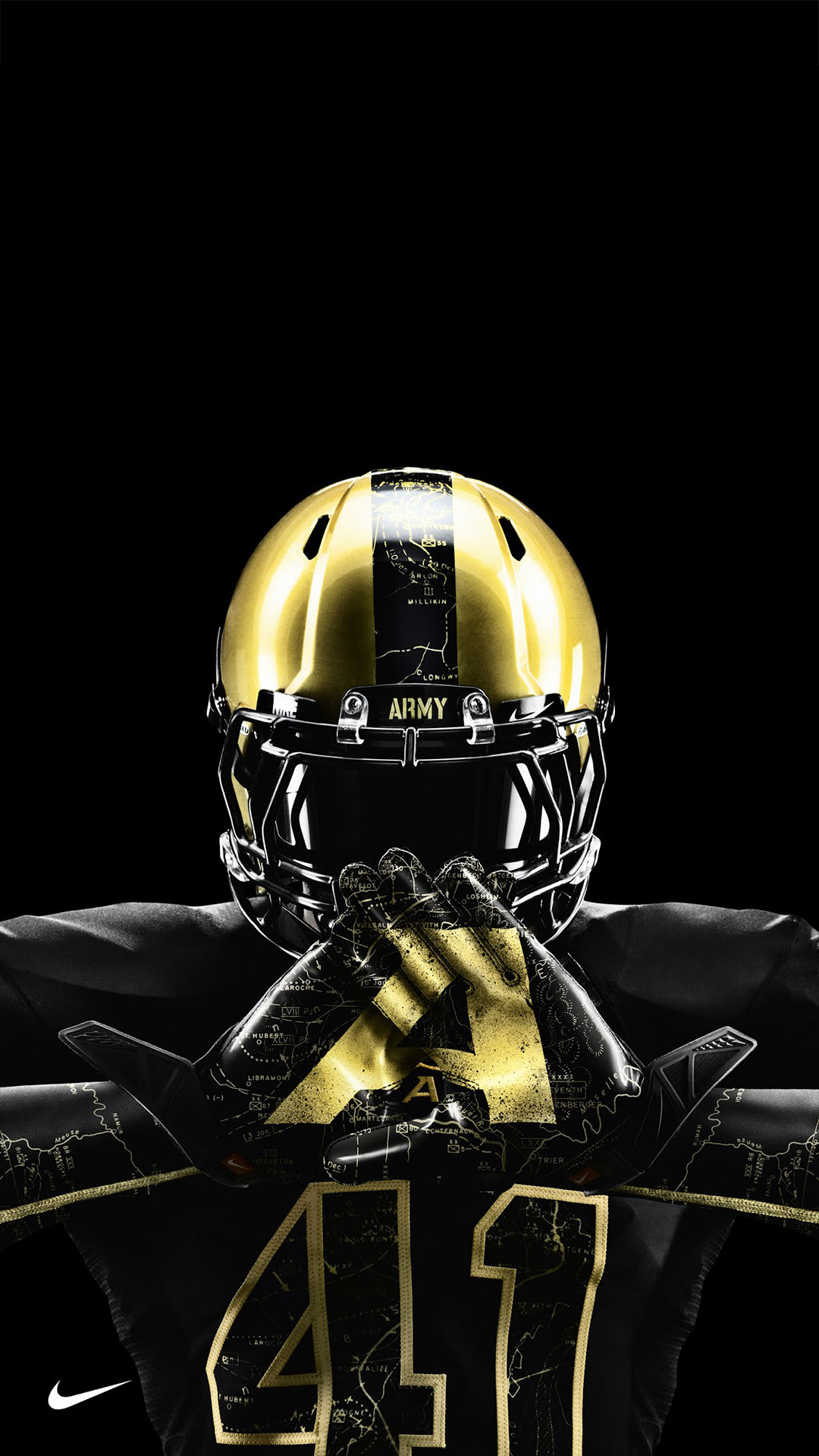 Close-up of an Army Black Knights football player in a Nike uniform, featuring a gold helmet and gloves with a map design