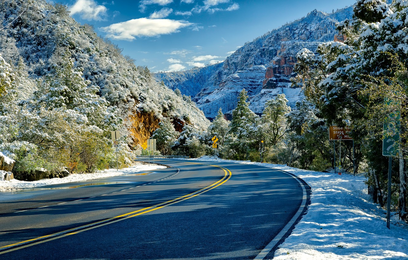 Wallpaper Road Snow Trees Rocks Az Arizona Sedona