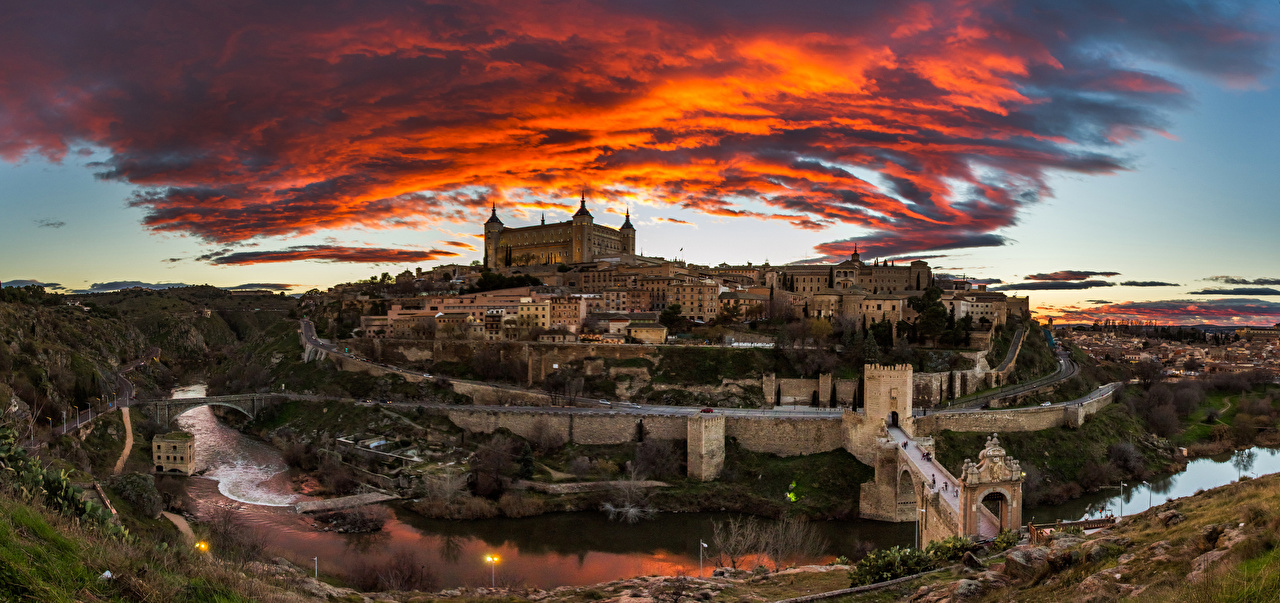 Image Toledo Spain Castles Scenery Rivers Cities Clouds