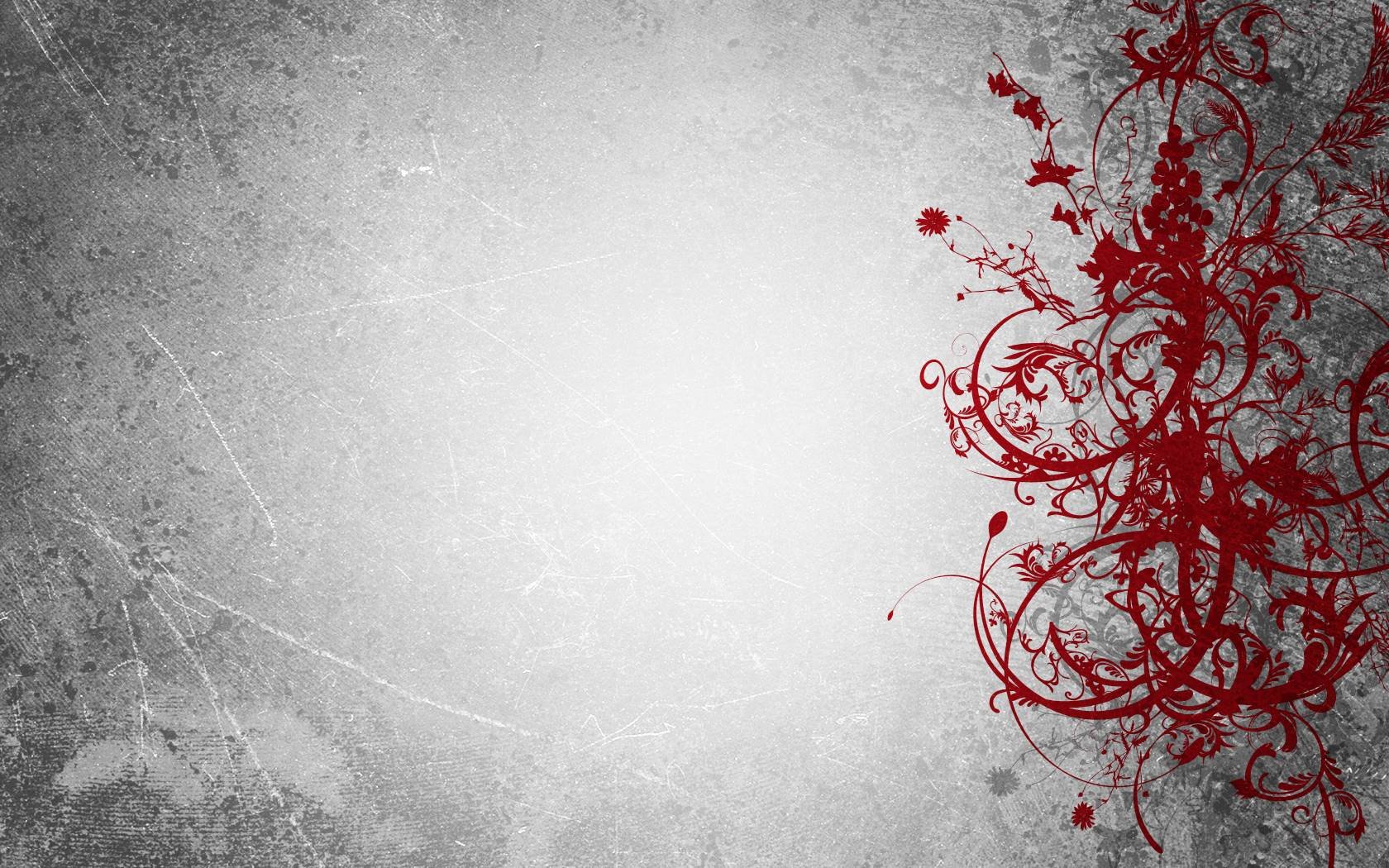 A grayscale textured background with an elegant, flowing red floral design on the right side