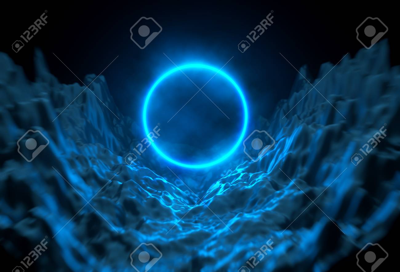 Illuminated Blue Round Frame Background Neon Lights