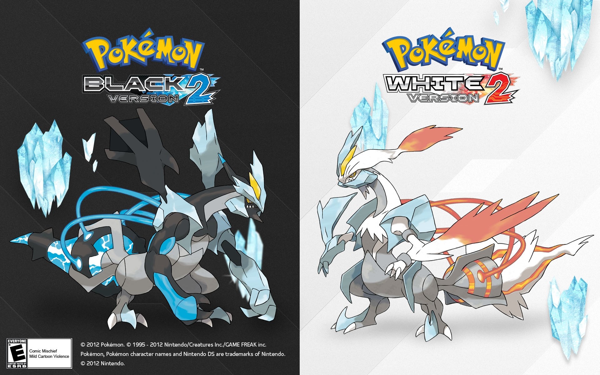 Promotional image for Pokémon Black 2 and White 2 video games featuring Black Kyurem and White Kyurem on a split black and white background