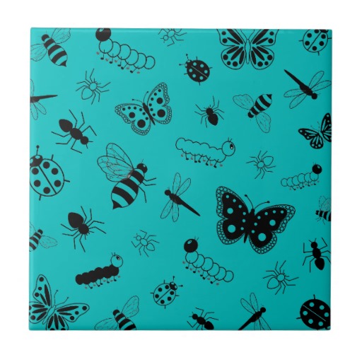 Cute Vector Bugs Butterflies Teal Background Ceramic Tiles