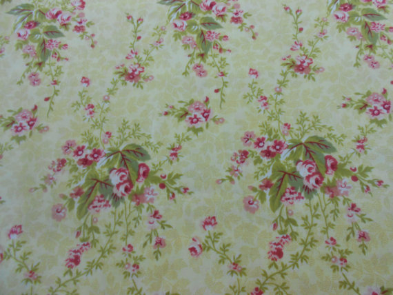 1800s Reproduction Fabric Cream With Pink Roses Green Vine Leaves