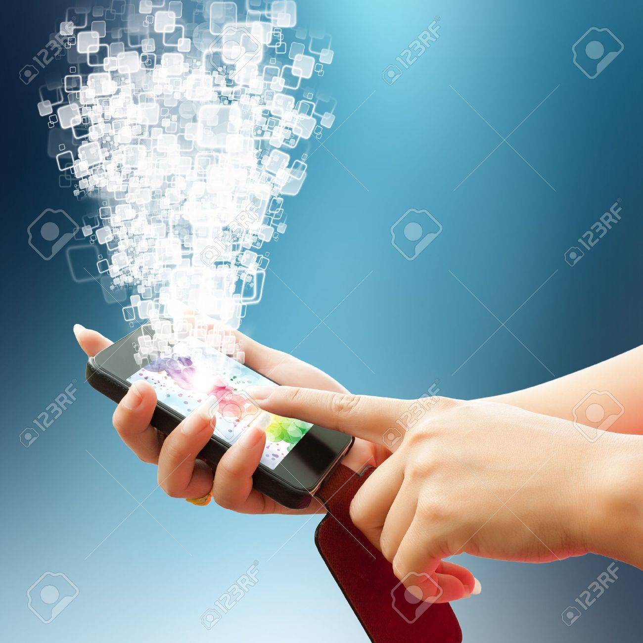 Hand Women Touch Smart Phone In On White Background Stock