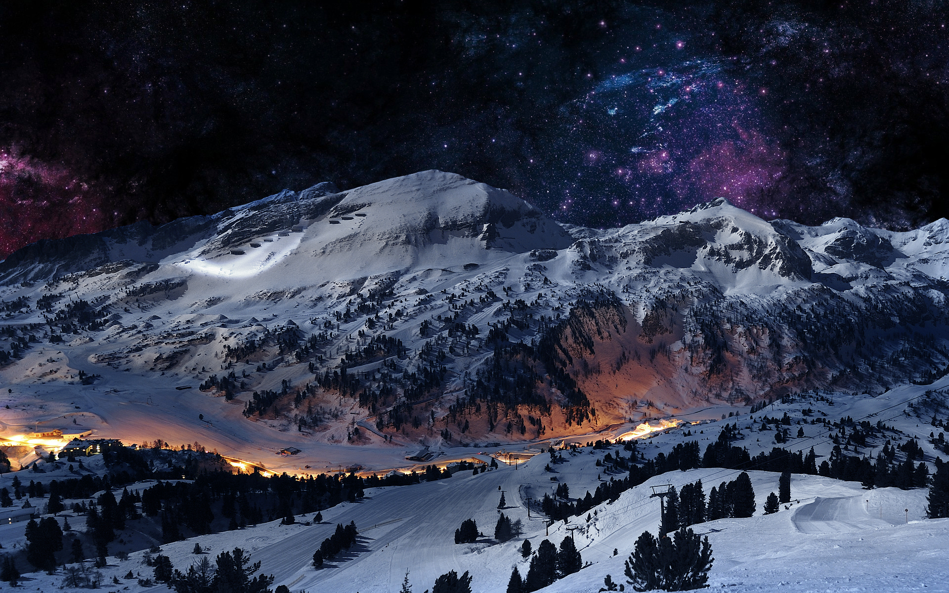 Wallpaper Winter Ski Mountains Northern Lights