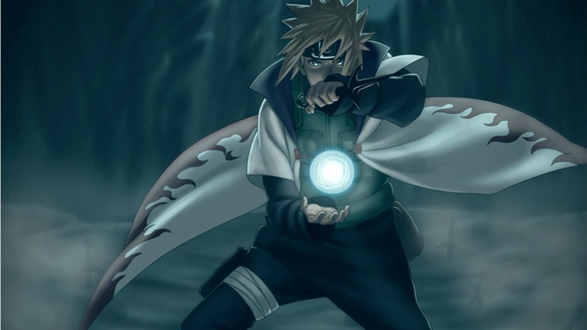 Minato Namikaze, the Fourth Hokage, using the Rasengan in a dark forest, from the popular anime series Naruto Shippuden
