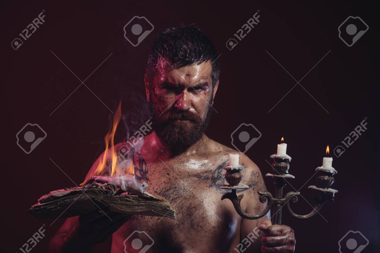 Wizard Sorcerer Warlock Hipster Man With Book And Candles