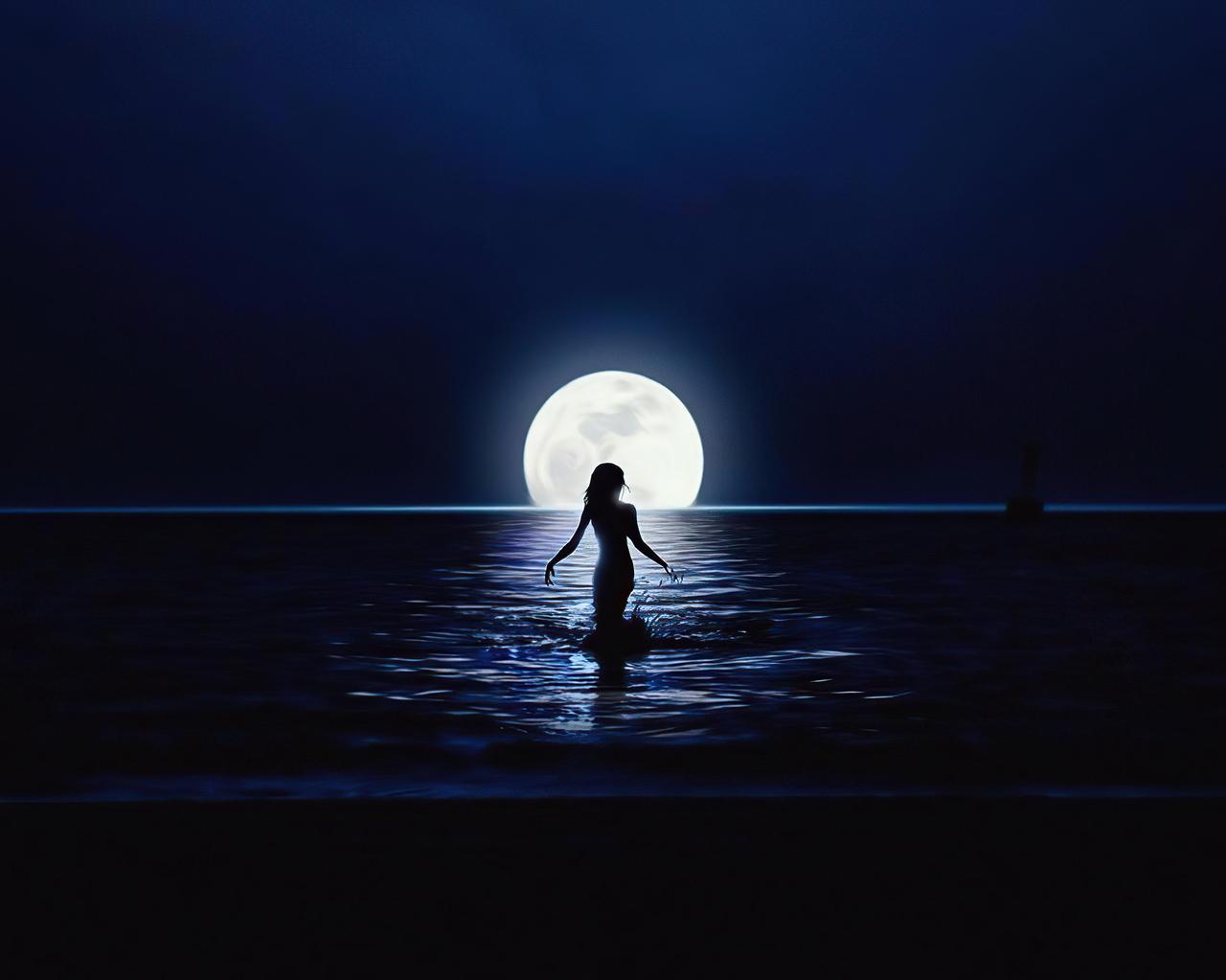 Girl Walking Towards Moon In Ocean Resolution
