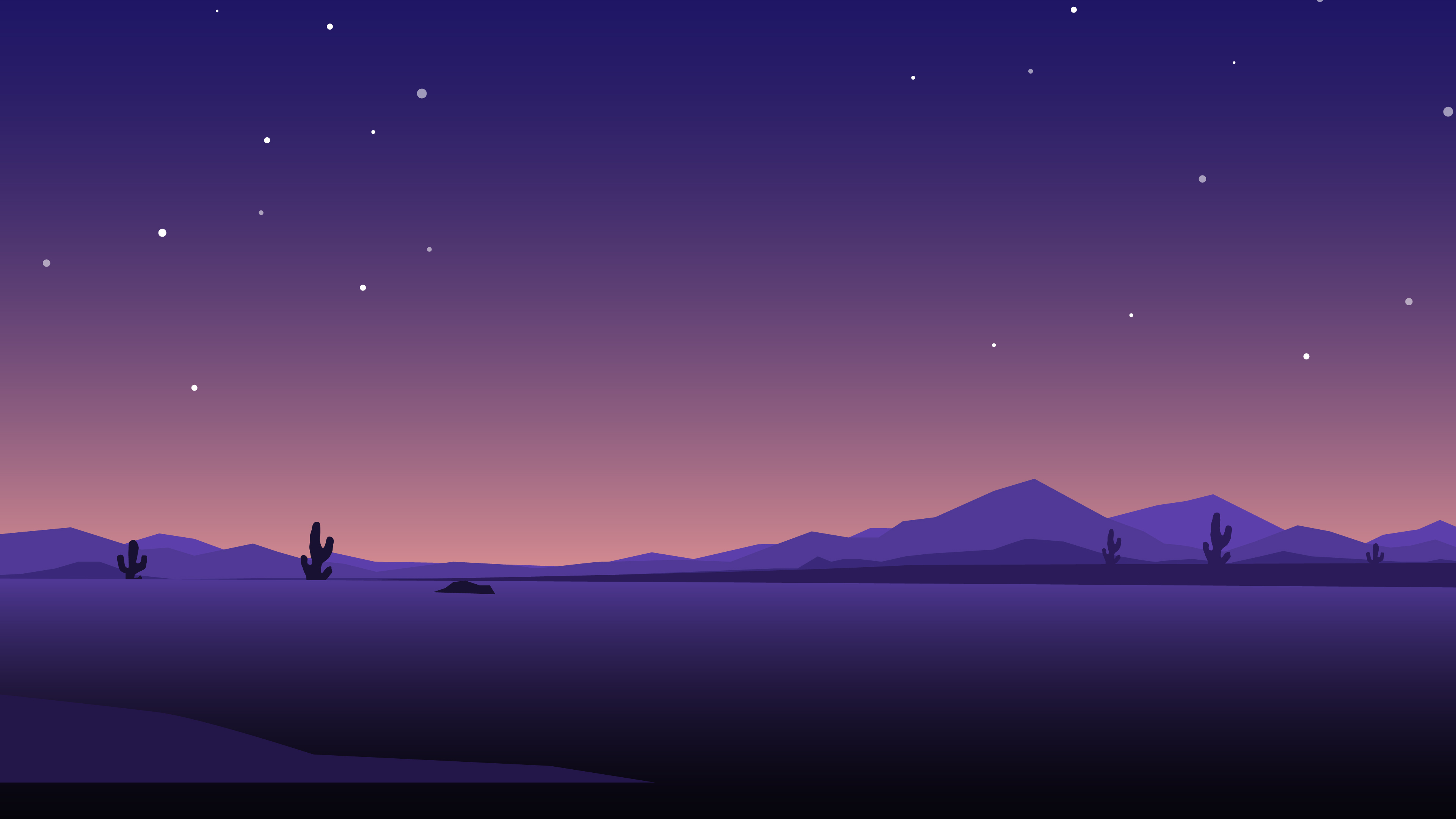 Minimalist 4k wallpaper of a desert landscape at dusk, with cacti silhouettes and a starry night sky