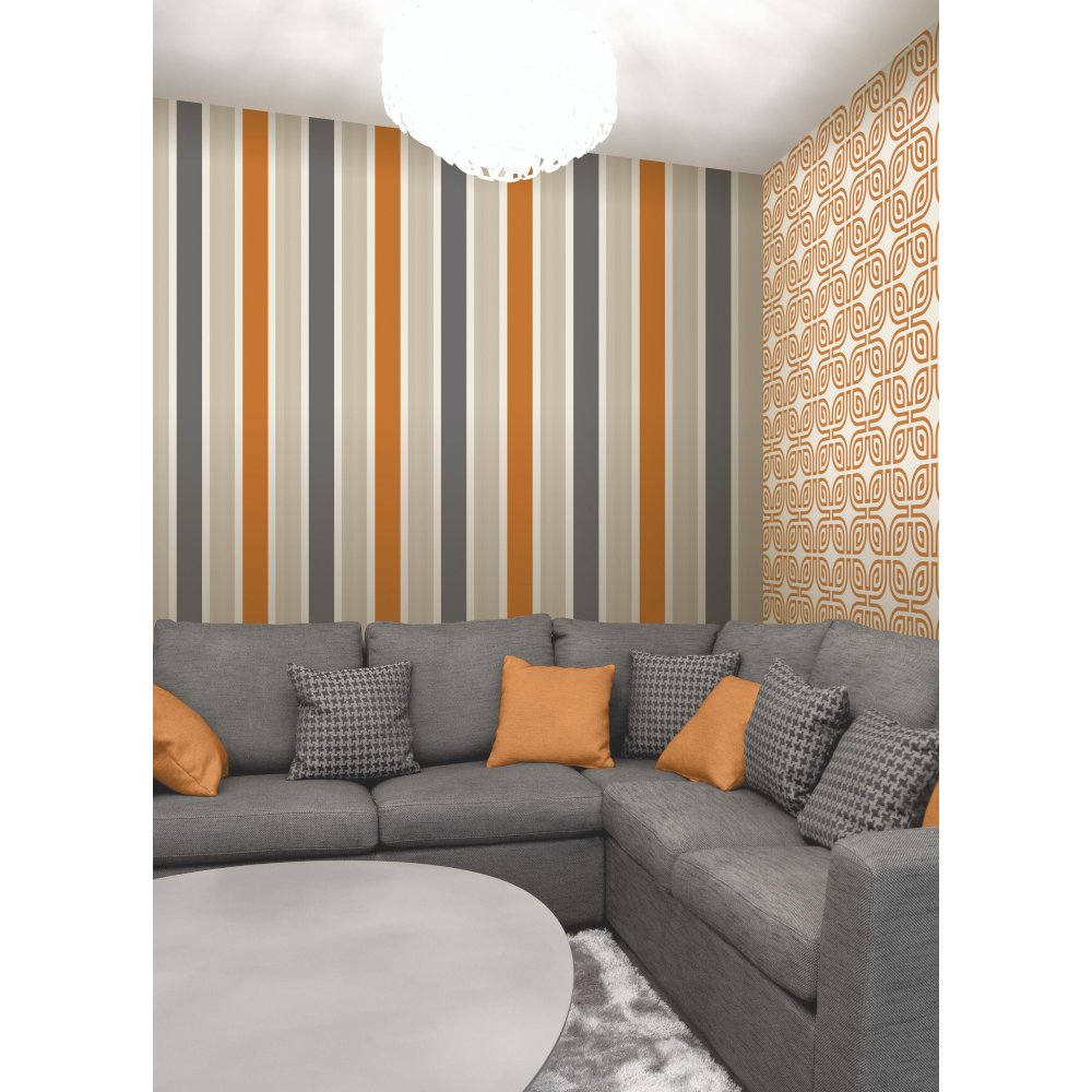 Decor Magnum Striped Designer Feature Wallpaper Orange Gold Grey