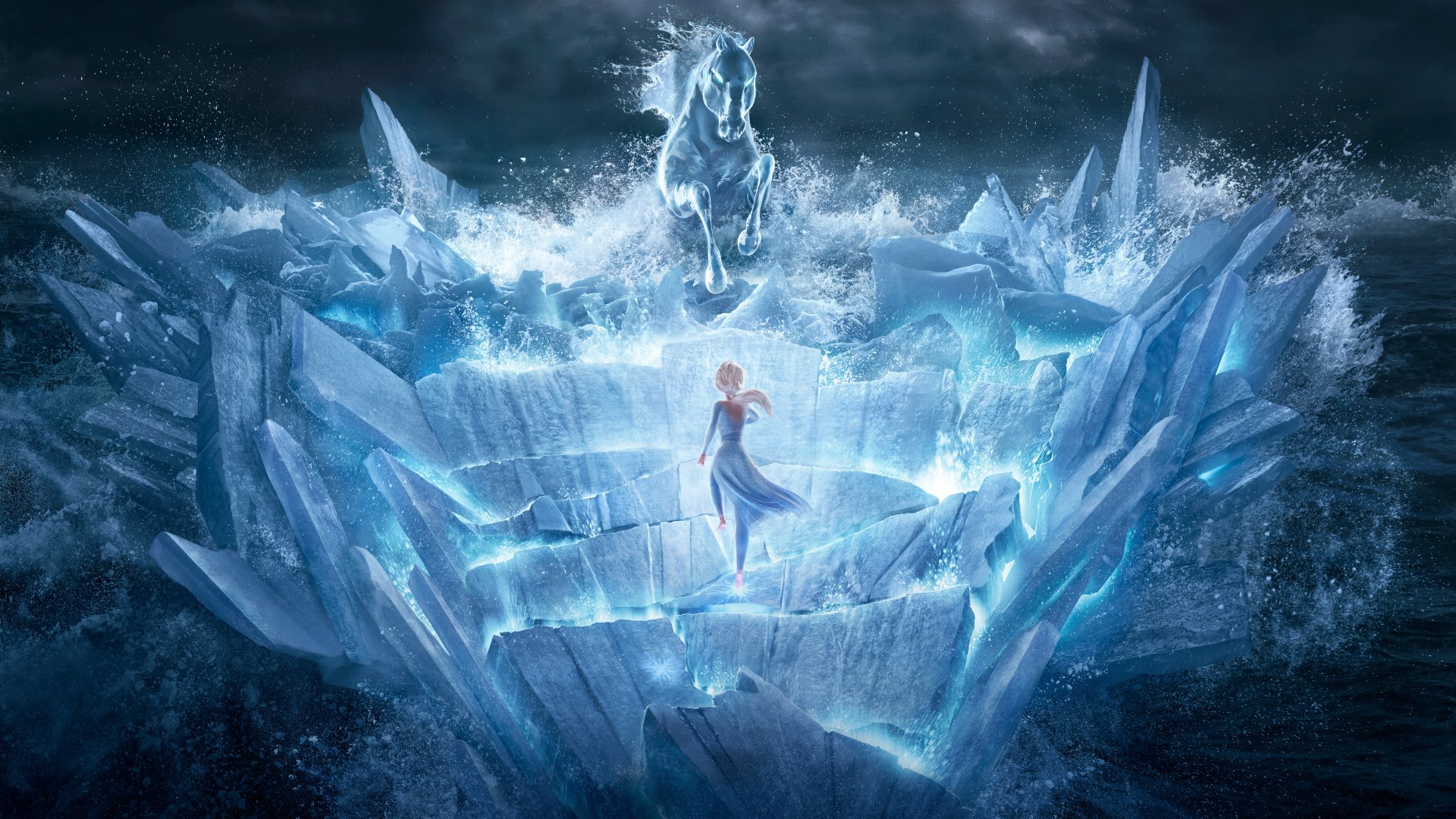 Elsa facing the Nokk on a dark, icy sea in Frozen 2
