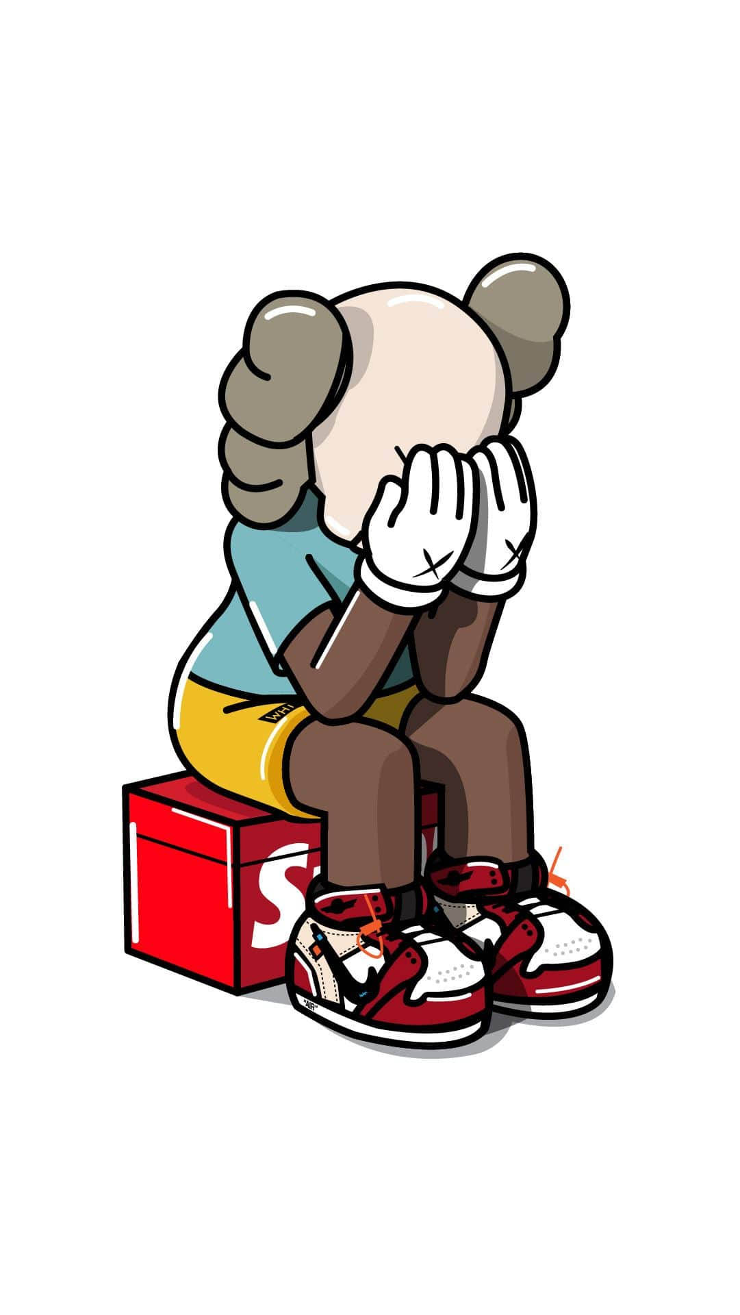 A cartoon figure, reminiscent of KAWS' Companion, sits dejectedly on a Supreme box, its face hidden in its gloved hands. The figure wears a light blue shirt, yellow shorts, and red and white sneakers