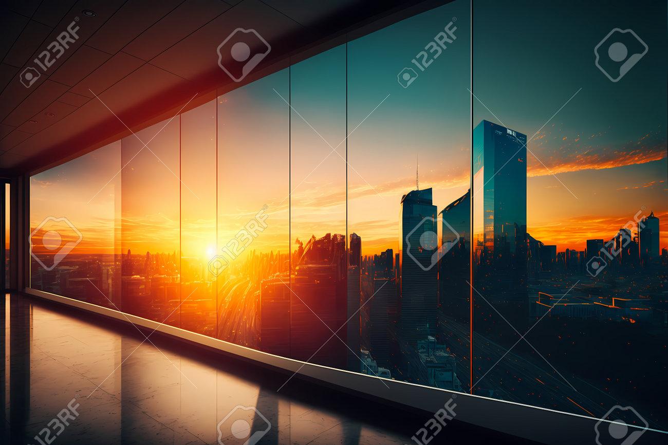 Big City With Glowing Sun Or Sunset On Cloudy Sky Background