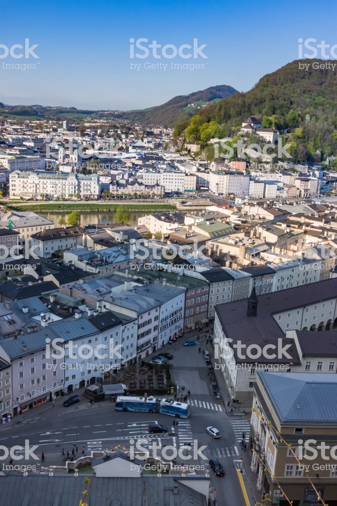 Salzburg Village Rooftops On Hills Background Stock Photo