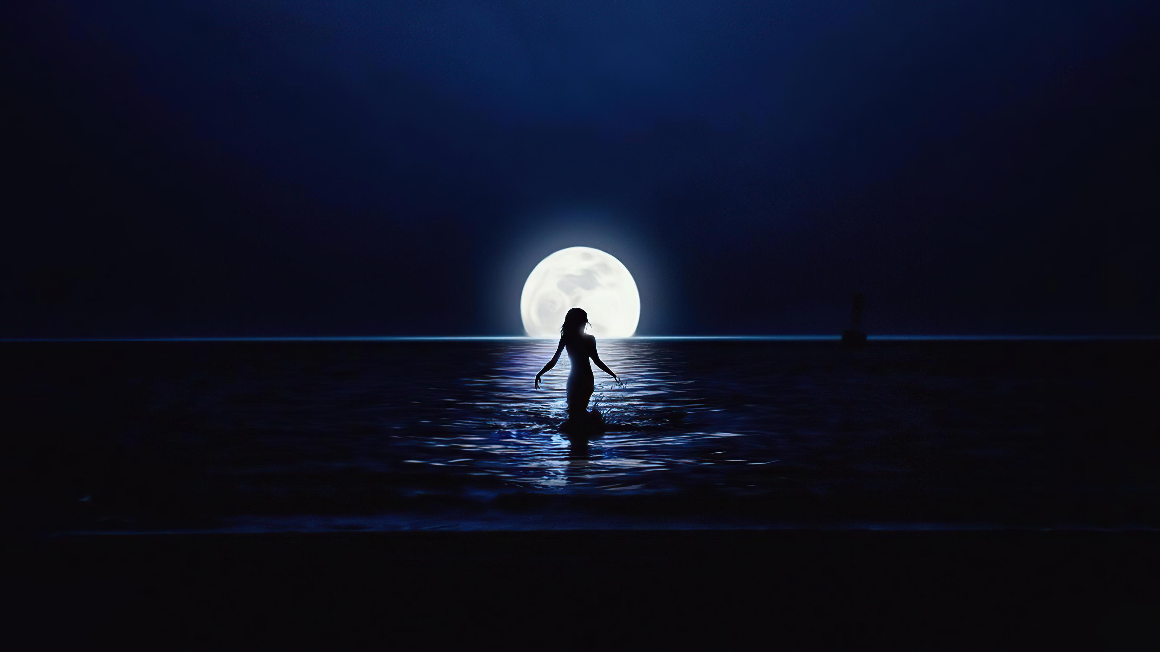 Girl Walking Towards Moon In Ocean HD Artist 4k Wallpaper