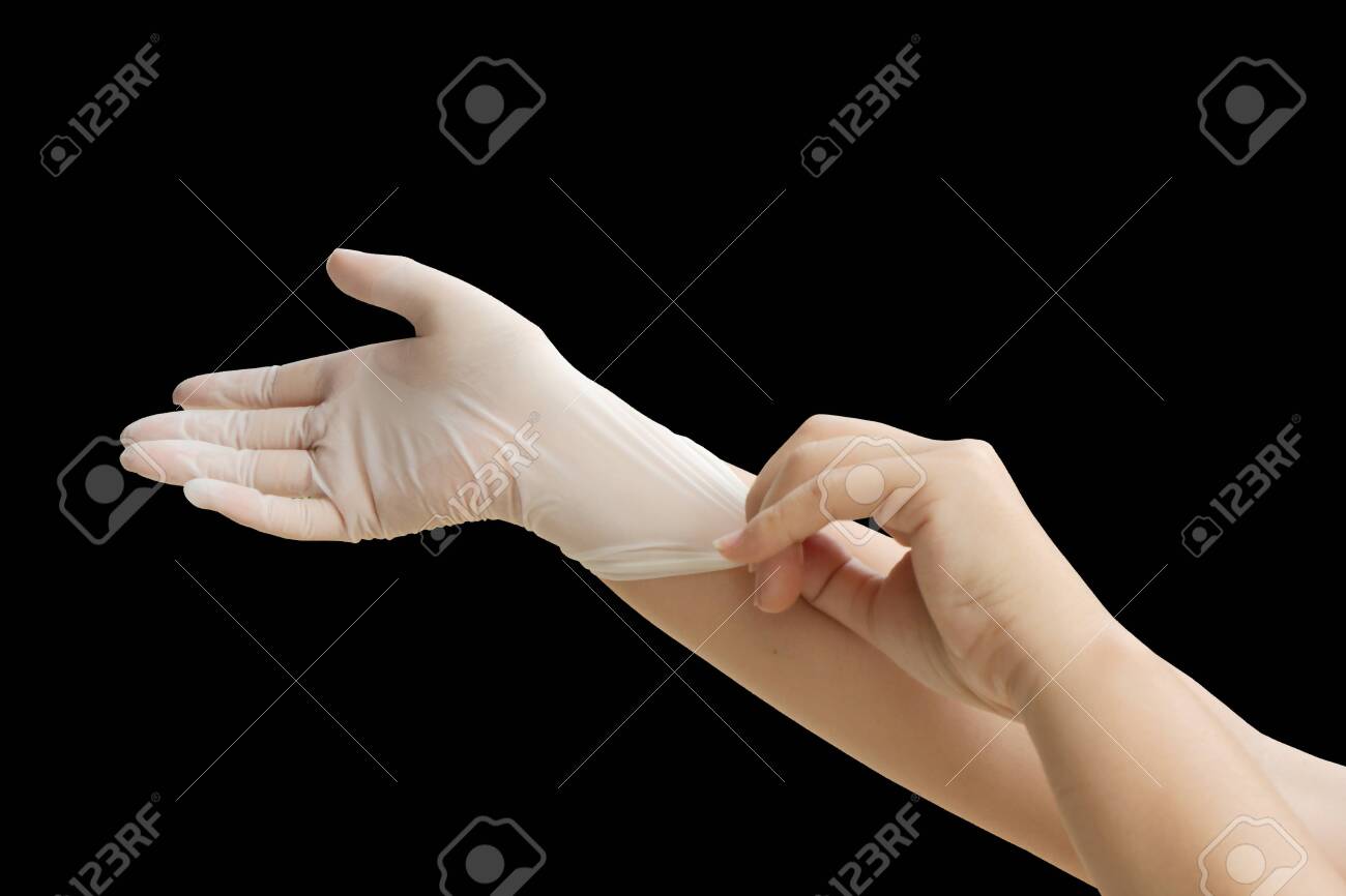 Hand Wearing Medical Gloves Isolated Black Background And Saved