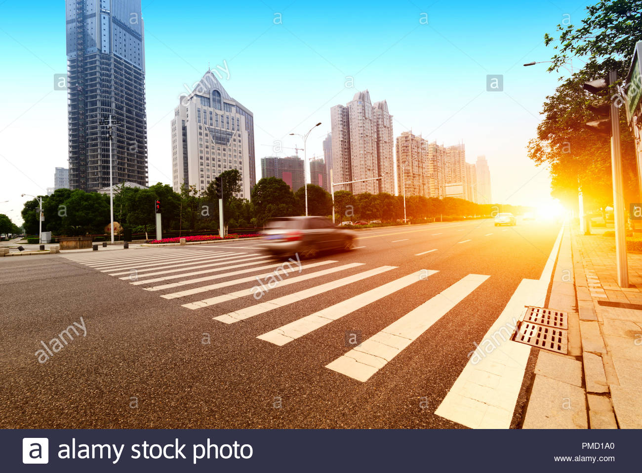 The Light Trails On Modern Building Background Stock Photo