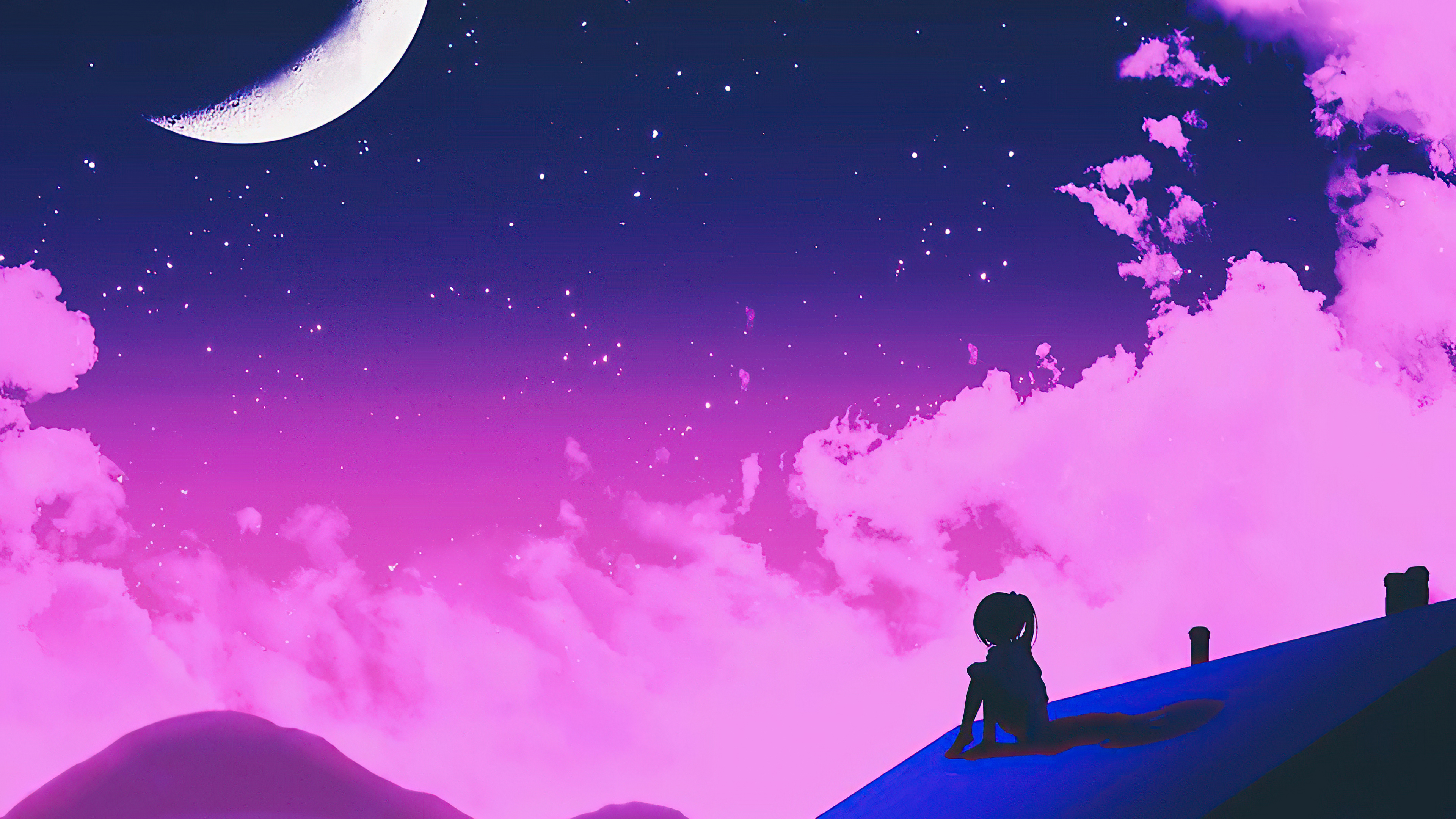 Girl Sitting Alone Roof Top Neon 4k Wallpaper HD Artist