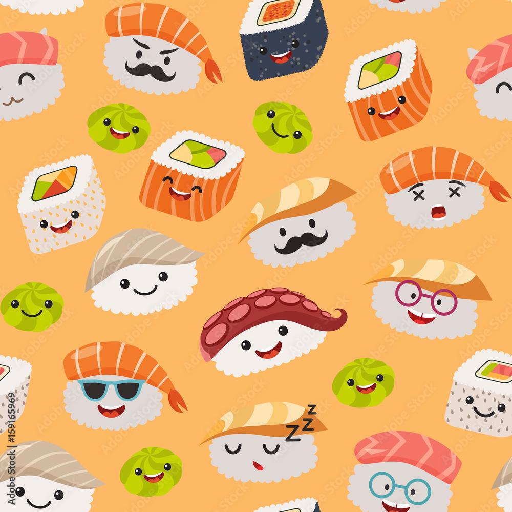 Sushi Emoji Seamless Pattern Cartoon Style Emoticon Kawaii