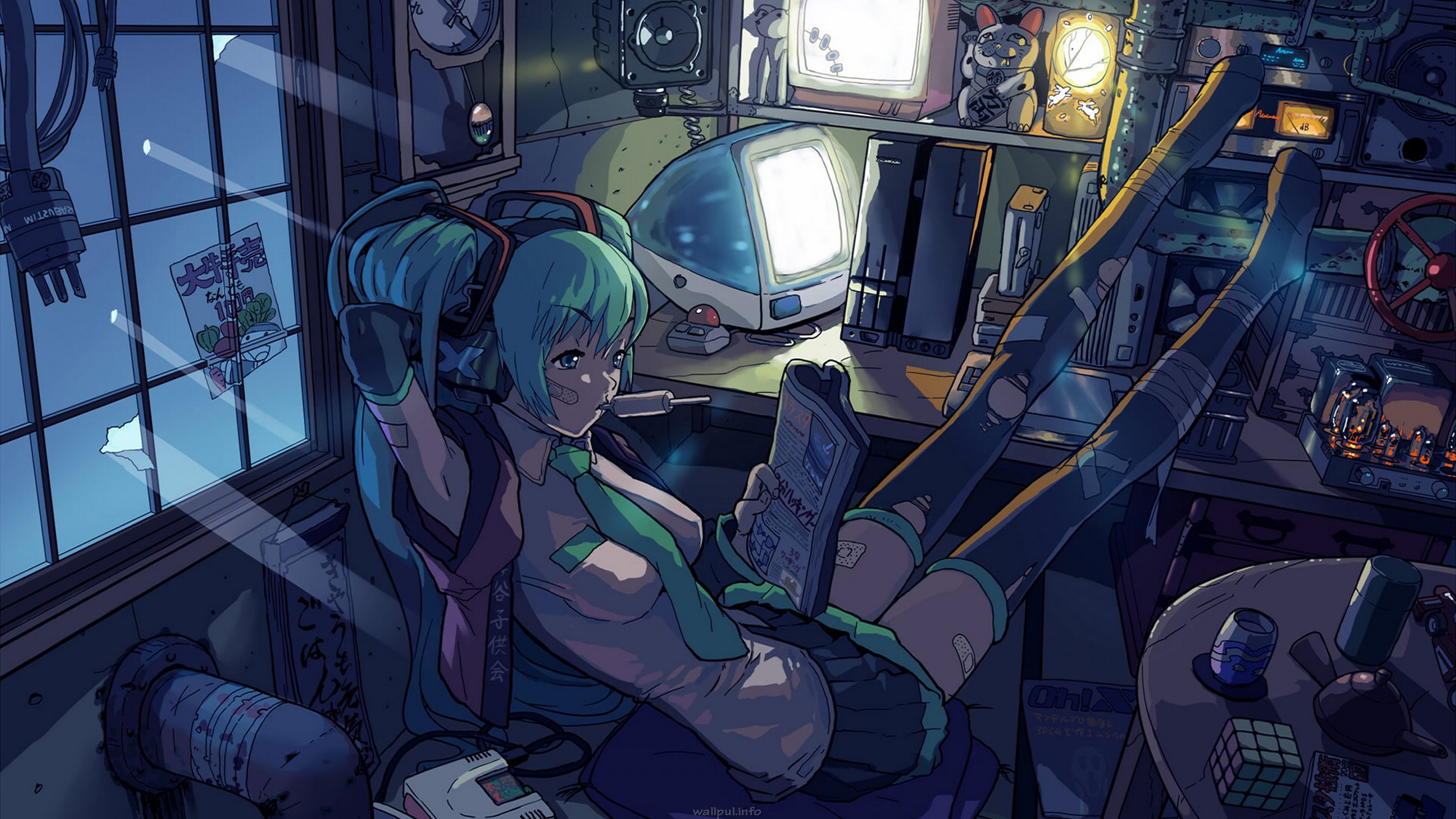 Anime girl in a cyberpunk-themed room, surrounded by tech and gadgets, relaxing with her feet up and reading