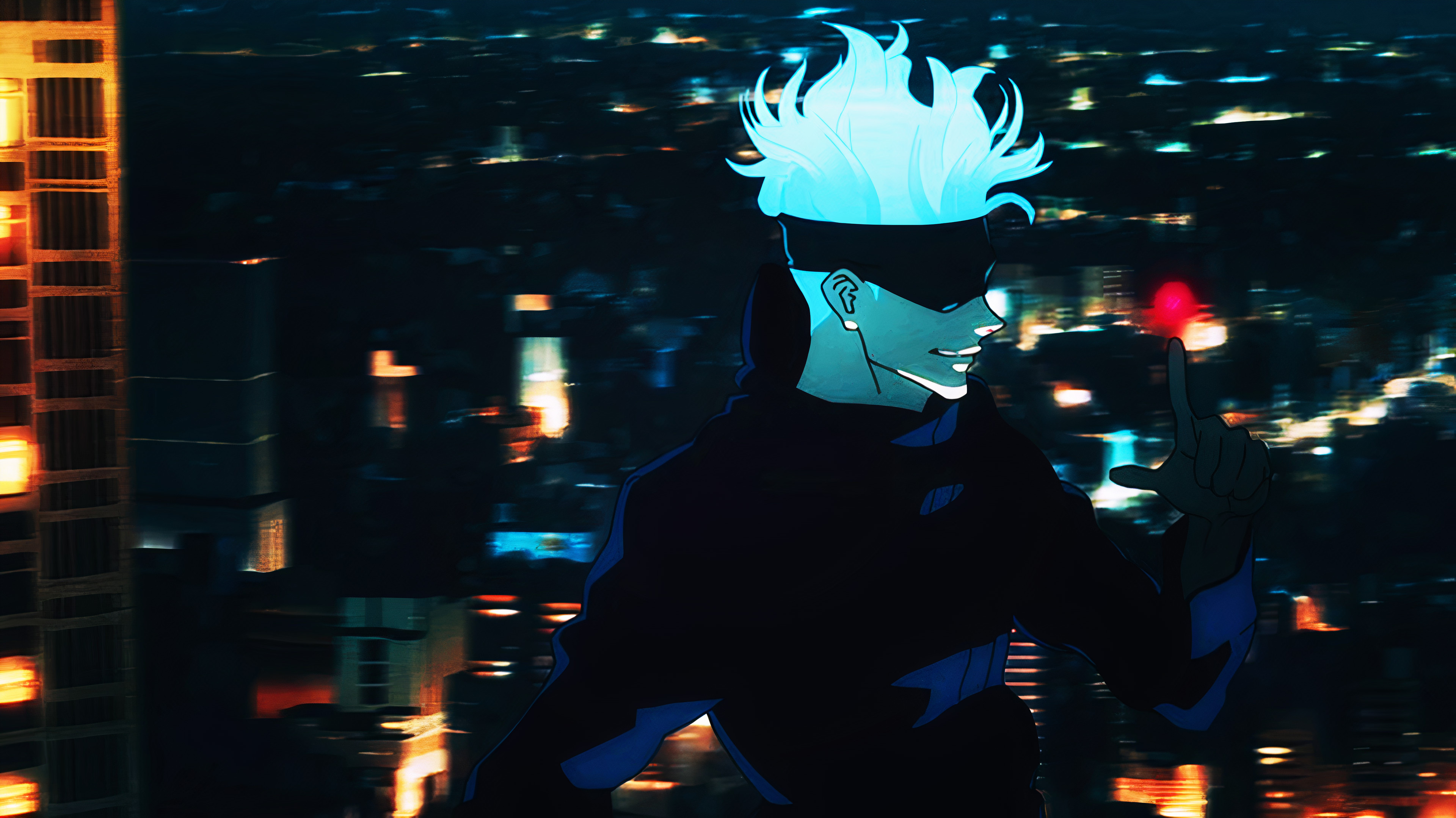 A stylized anime-style image featuring Gojo Satoru from Jujutsu Kaisen against a backdrop of a blurred cityscape at night.  He is depicted with his signature bright blue hair, blindfold, and a confident pose